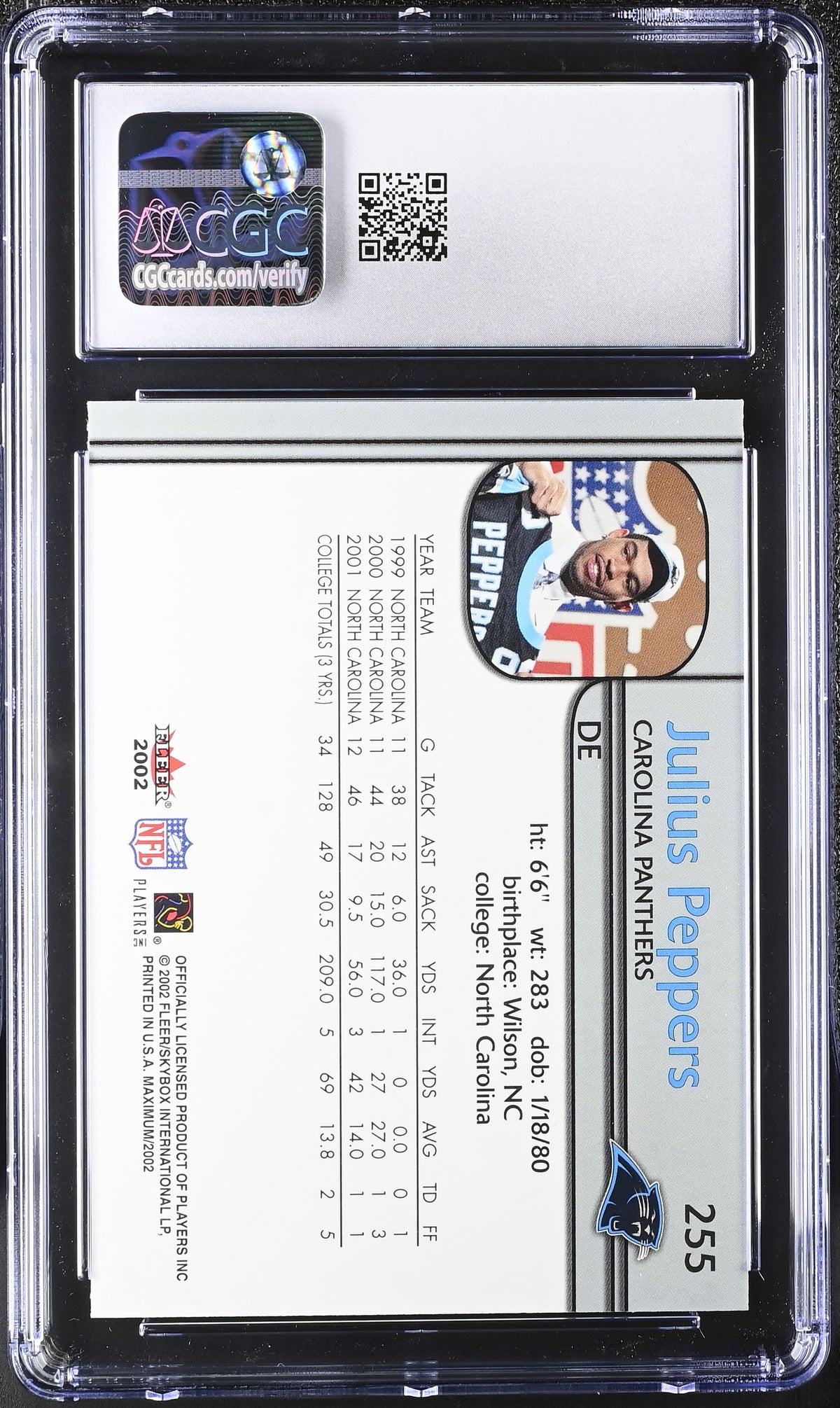 2002 Fleer Maximum Julius Peppers Rookie /3500 #255 CGC 9.5 Carolina Panthers