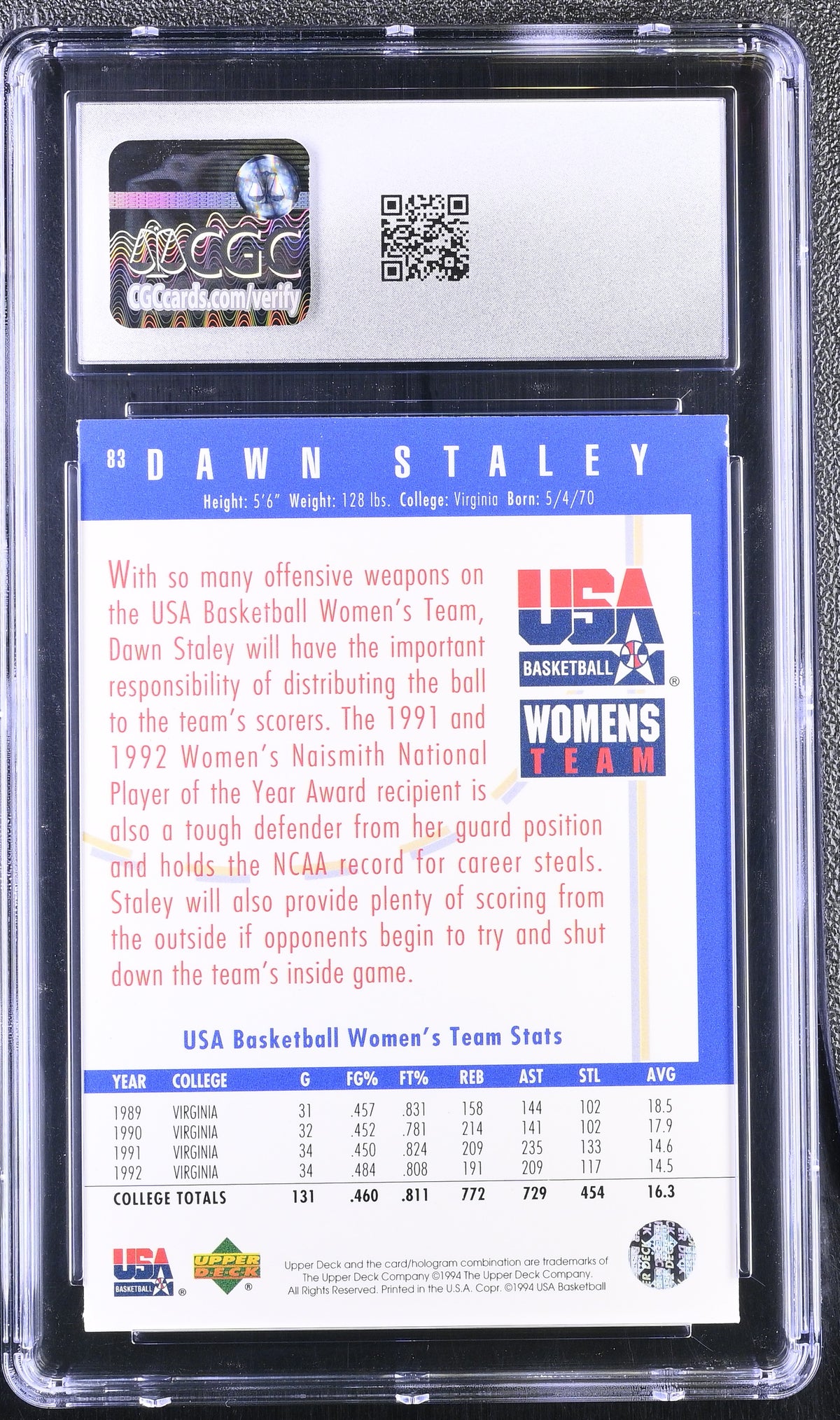 1994 Upper Deck Usa Dawn Staley Gold Medal Rookie #83 CGC 9.5 USA