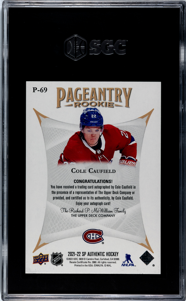 2021 Upper Deck SP Authentic Cole Caufield Pageantry Auto Rookie #P-69 SGC 10