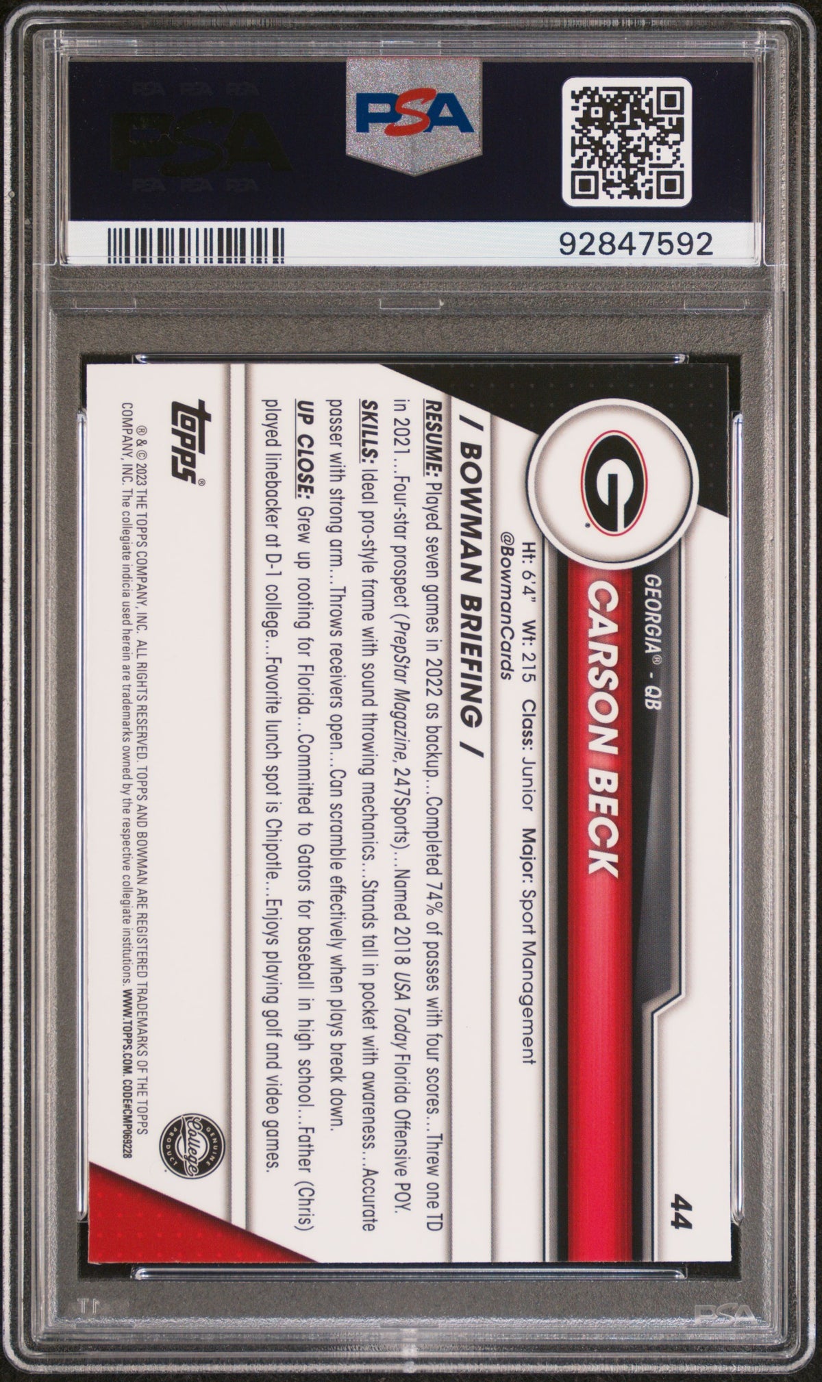 2023 Bowman University Chrome Sapphire Carson Beck Rookie #44 PSA 9 Georgia