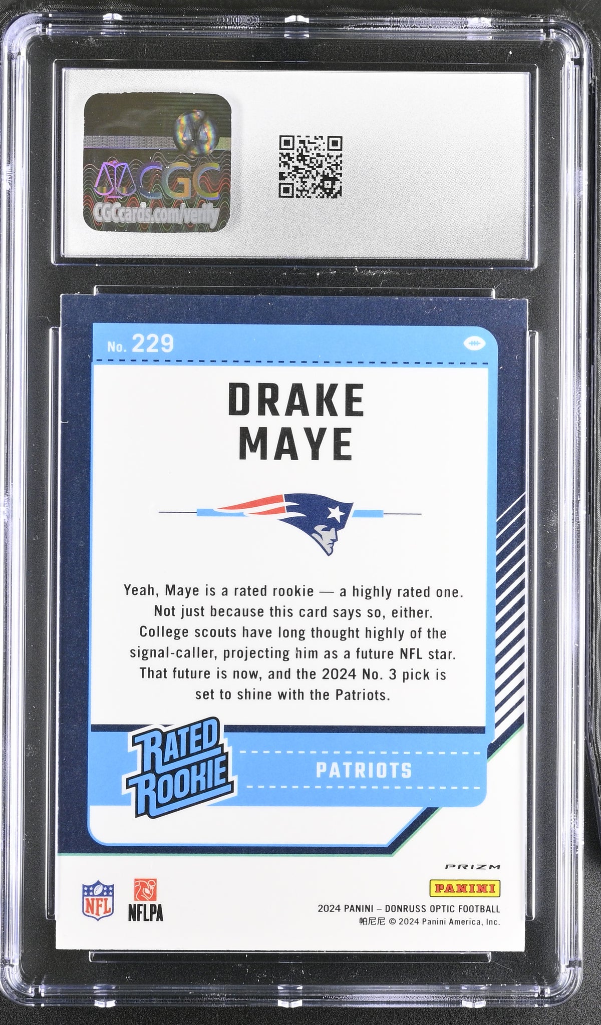 2024 Donruss Optic Drake Maye Purple Scope Rookie #229 CGC 10 Patriots