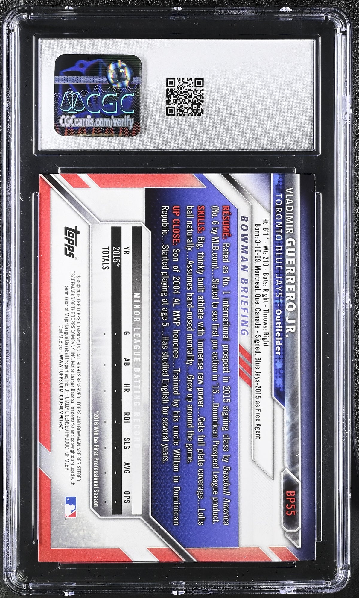 2016 Bowman Vladimir Guerrero Jr. Rookie Prospects #BP55 CGC 9 Toronto Blue Jays