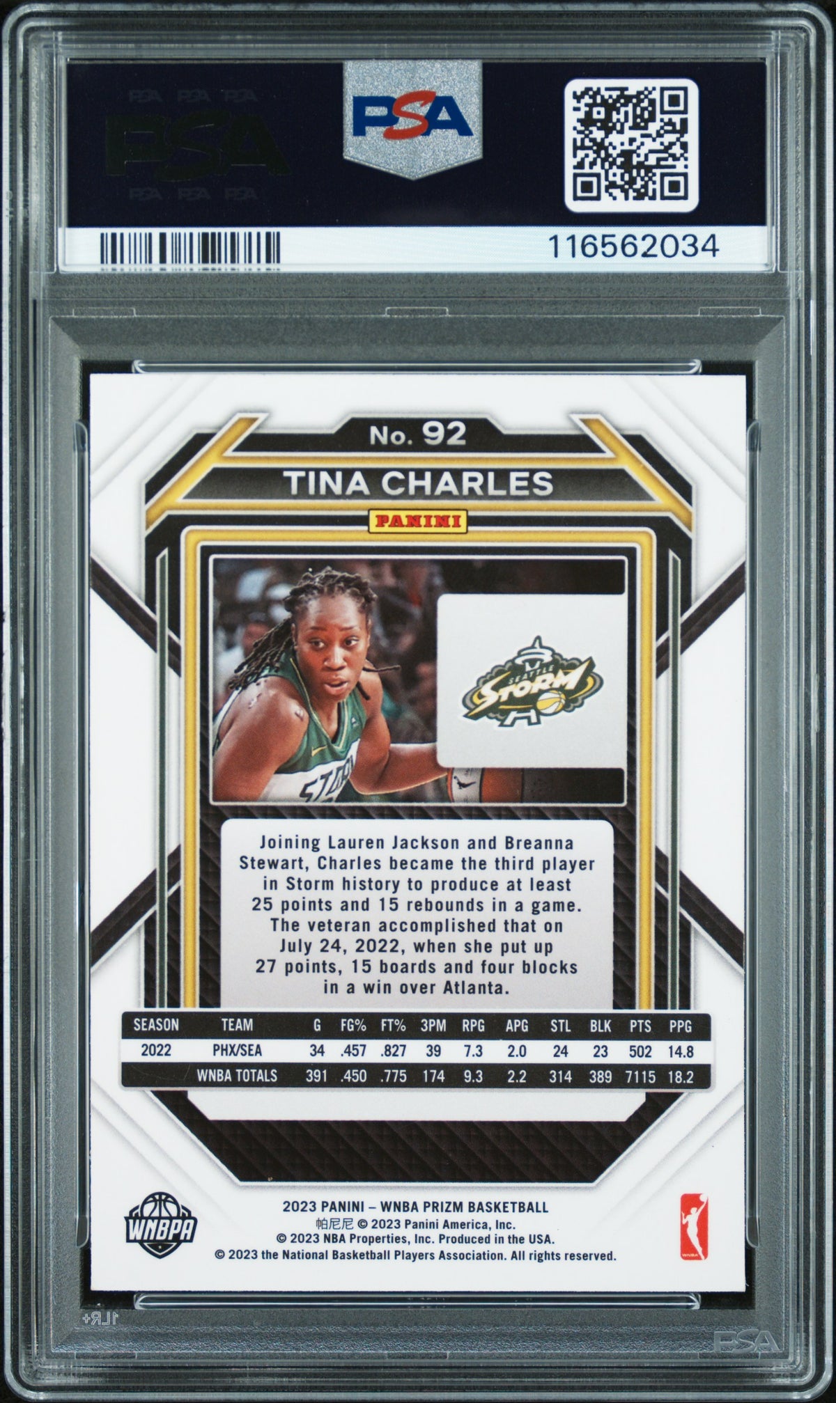 2023 Panini Prizm WNBA Tina Charles Auto Autograph #92 PSA Authentic Storm