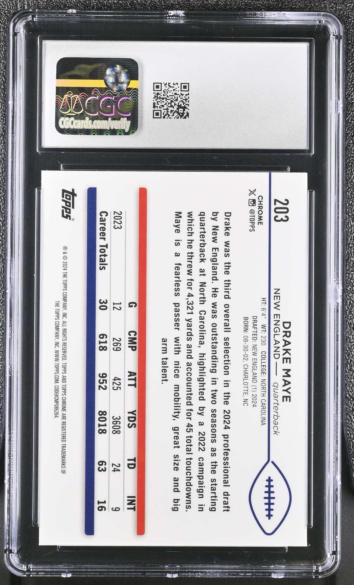 2024 Topps Chrome Drake Maye Prism Refractor Rookie #203 CGC 9 Patriots