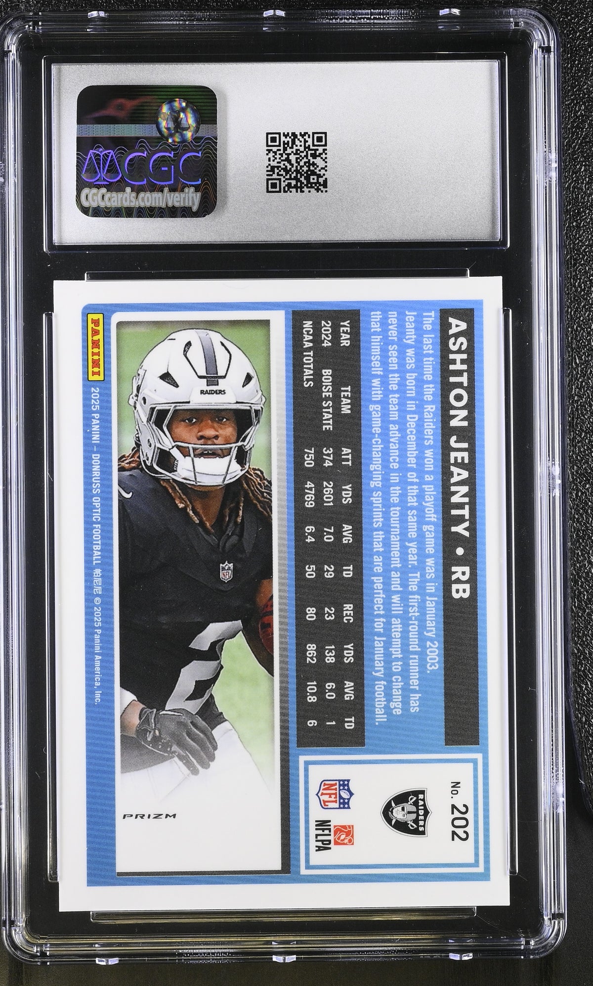 2025 Donruss Optic Ashton Jeanty Pink Rookie #202 CGC 9.5 Las Vegas Raiders