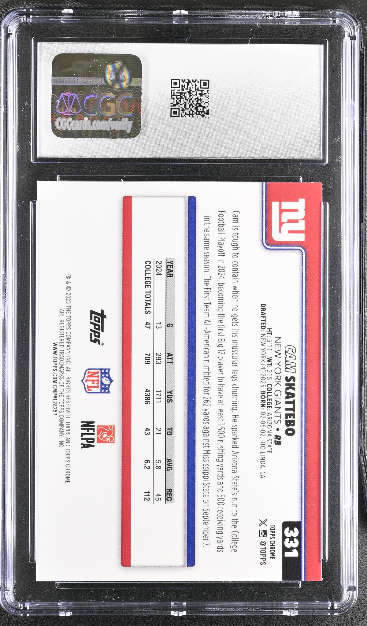 2025 Topps Chrome Cam Skattebo RayWave Refractor Rookie #331 CGC 9 Giants