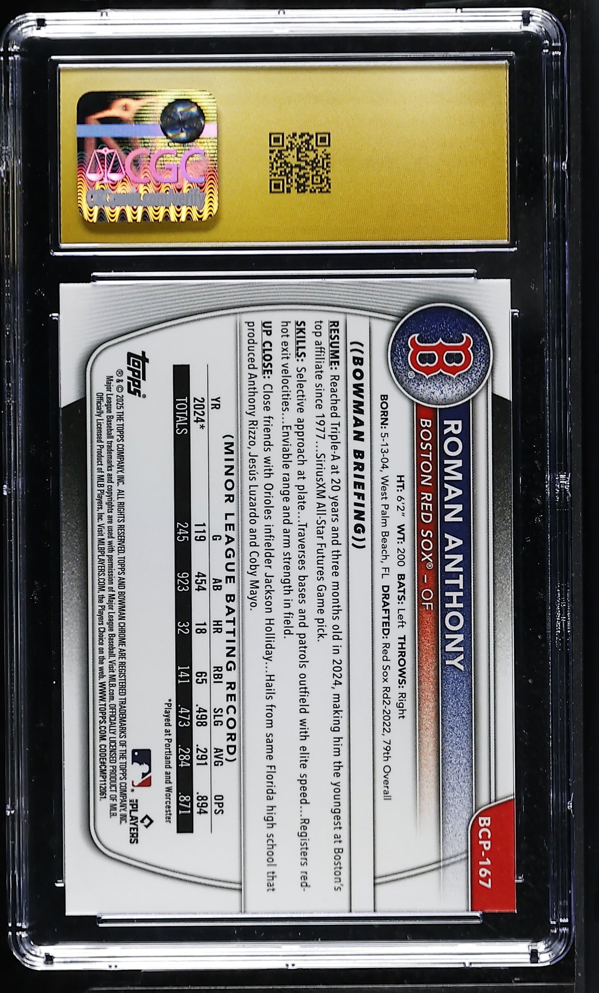 2025 Bowman Chrome Roman Anthony Rookie Prospect BCP-167 CGC 10 Pristine Red Sox