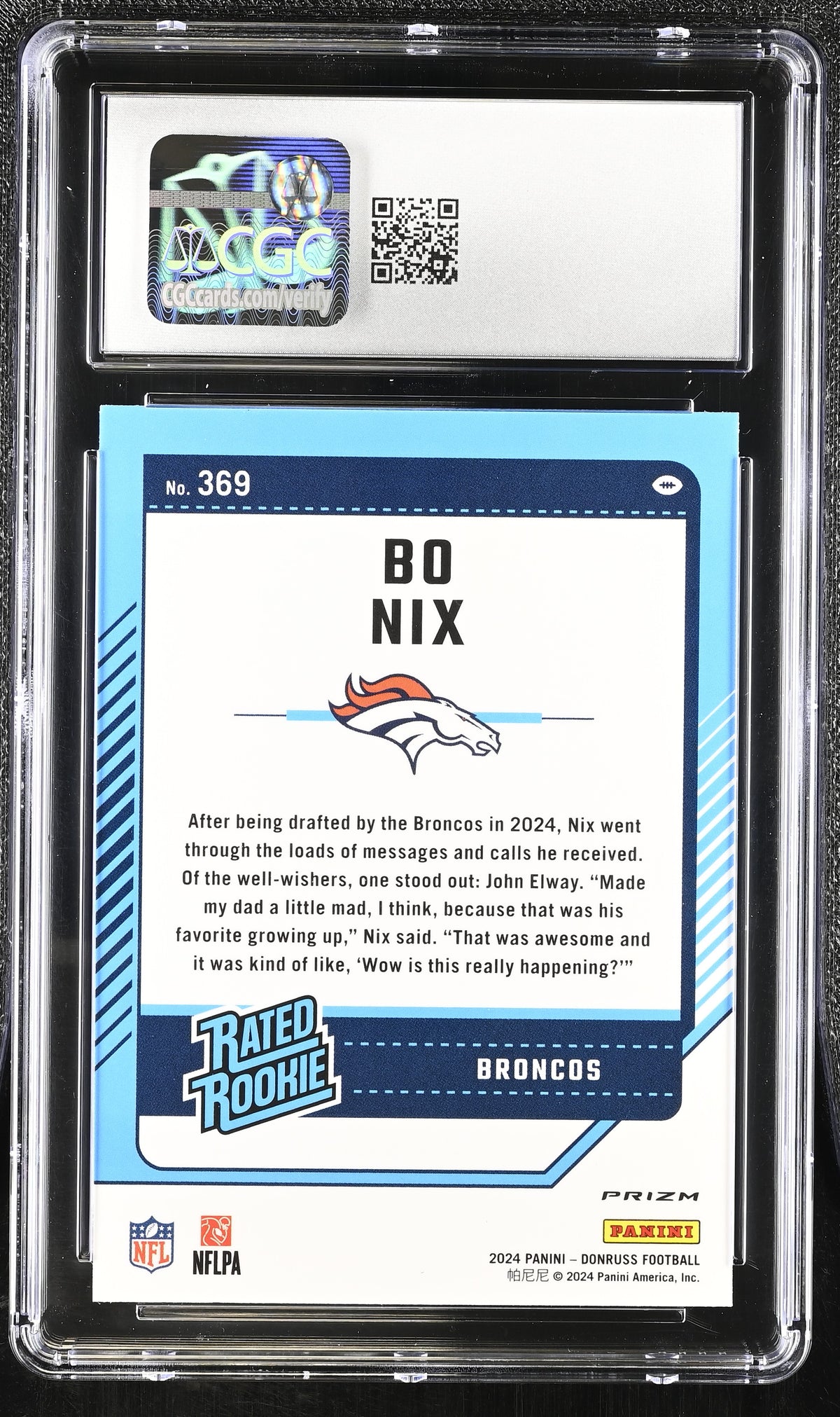 2024 Donruss Bo Nix Pink Rookie Optic Preview #369 CGC 9.5 Denver Broncos