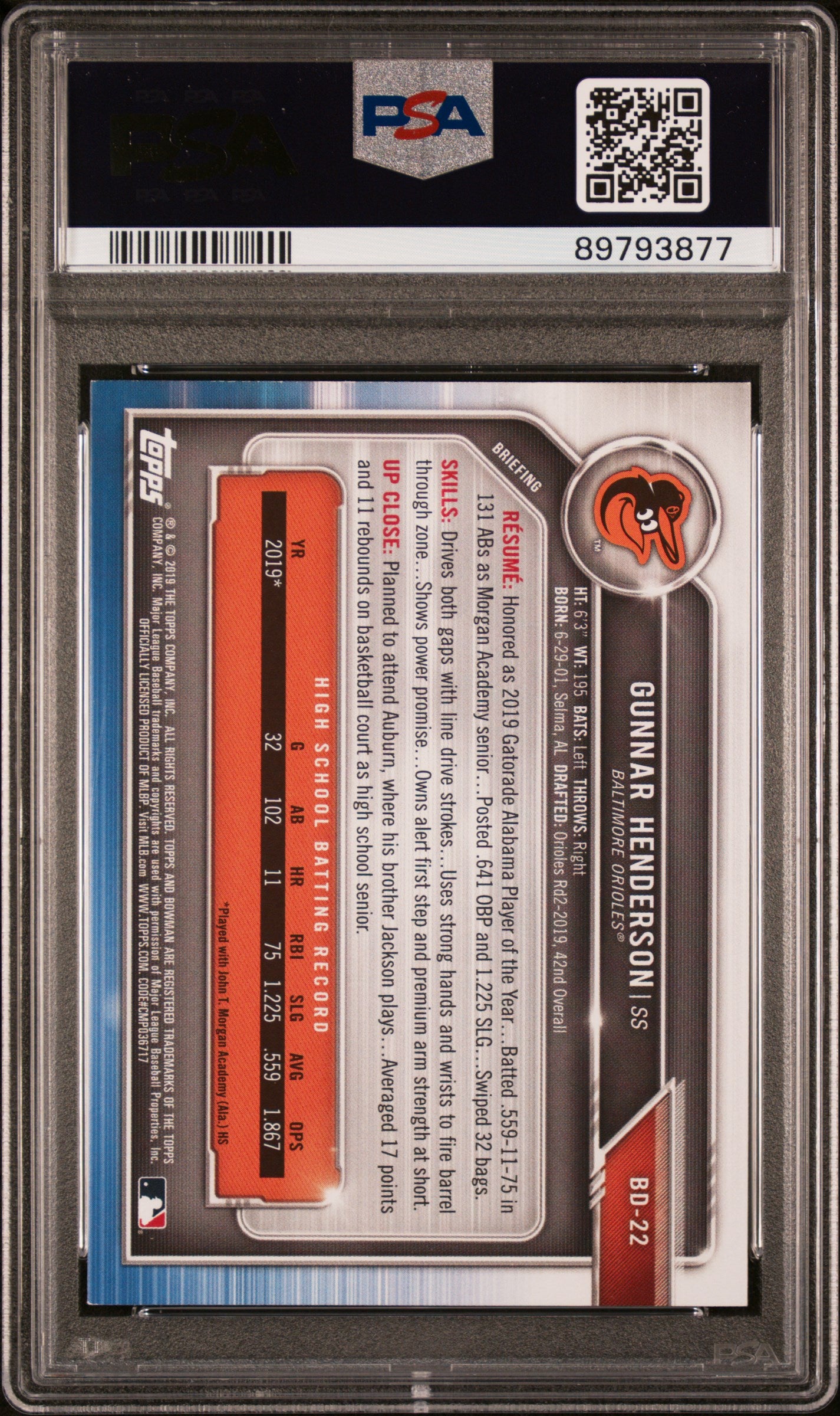 2019 Bowman Draft Gunnar Henderson #BD22 PSA 8