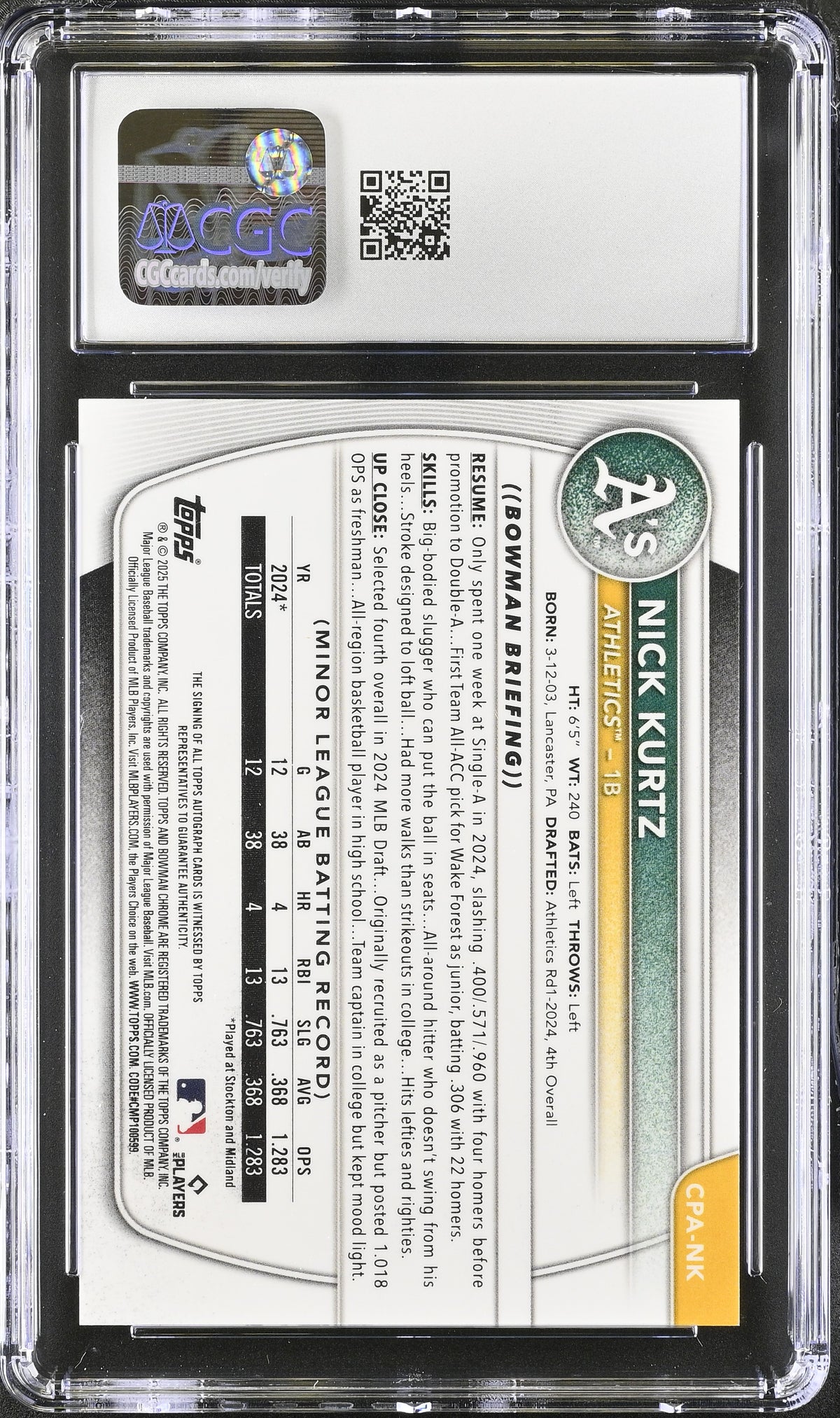 2025 Bowman Nick Kurtz Speckle /299 Rookie Chrome Auto #CPA-NK CGC 9 Athletics