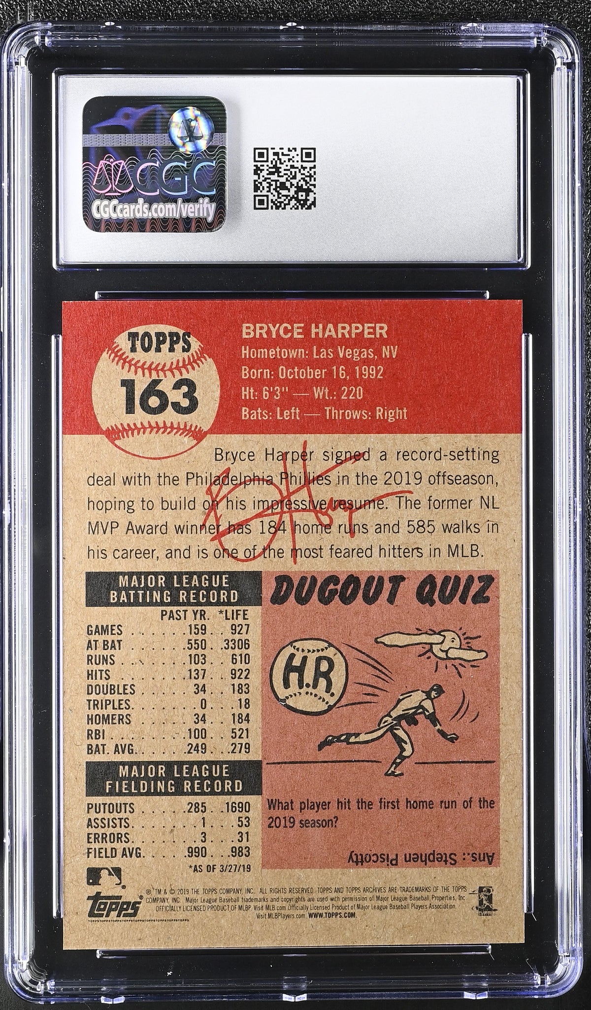 2019 Topps Living Set Bryce Harper #163 CGC 10 Philadelphia Phillies