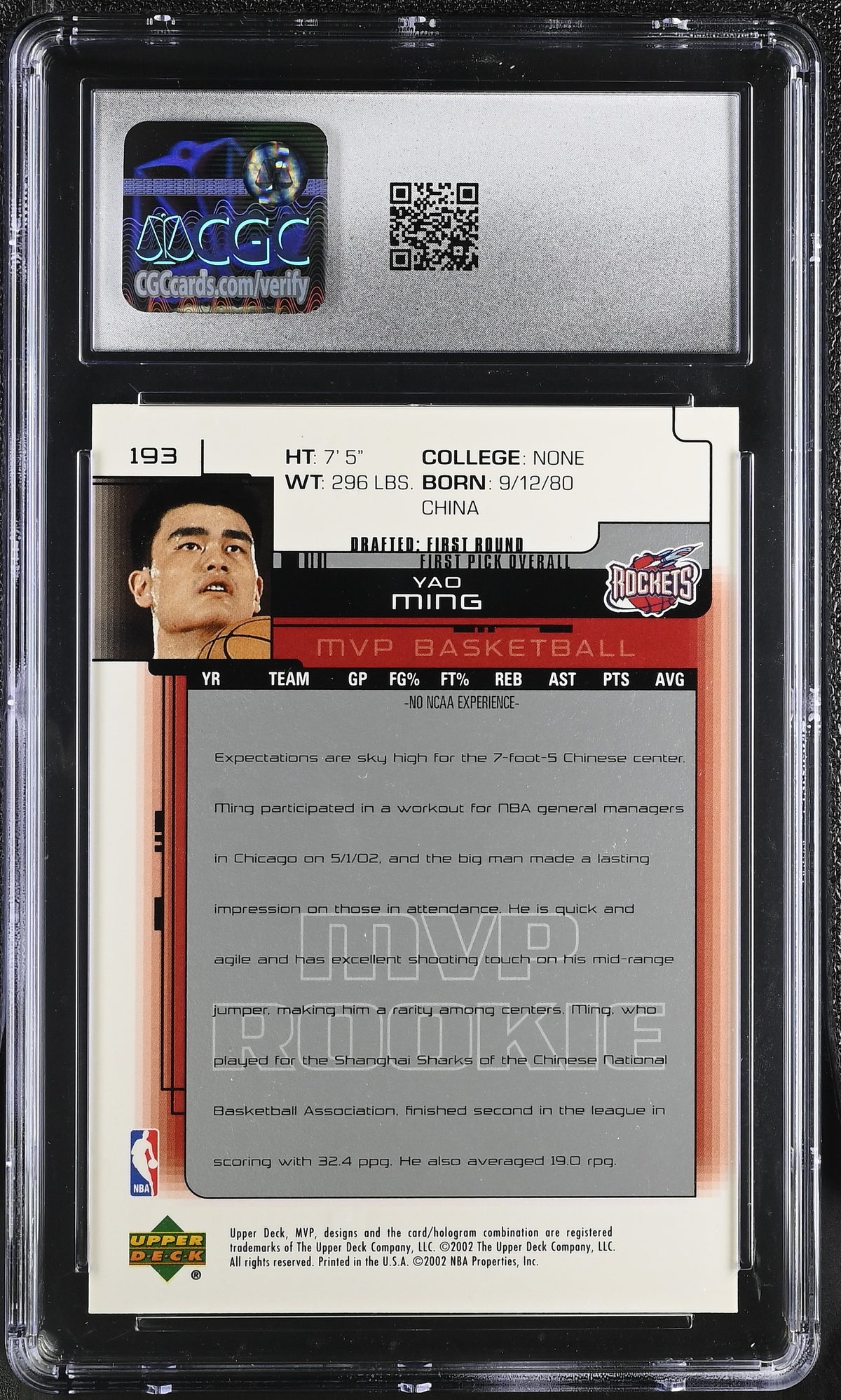 2002-03 Upper Deck MVP Yao Ming Rookie #193 CGC 9 Houston Rockets