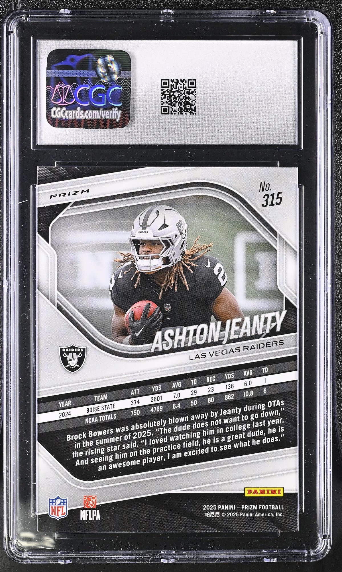2025 Panini Prizm Ashton Jeanty White Disco Rookie #315 CGC 9 Las Vegas Raiders