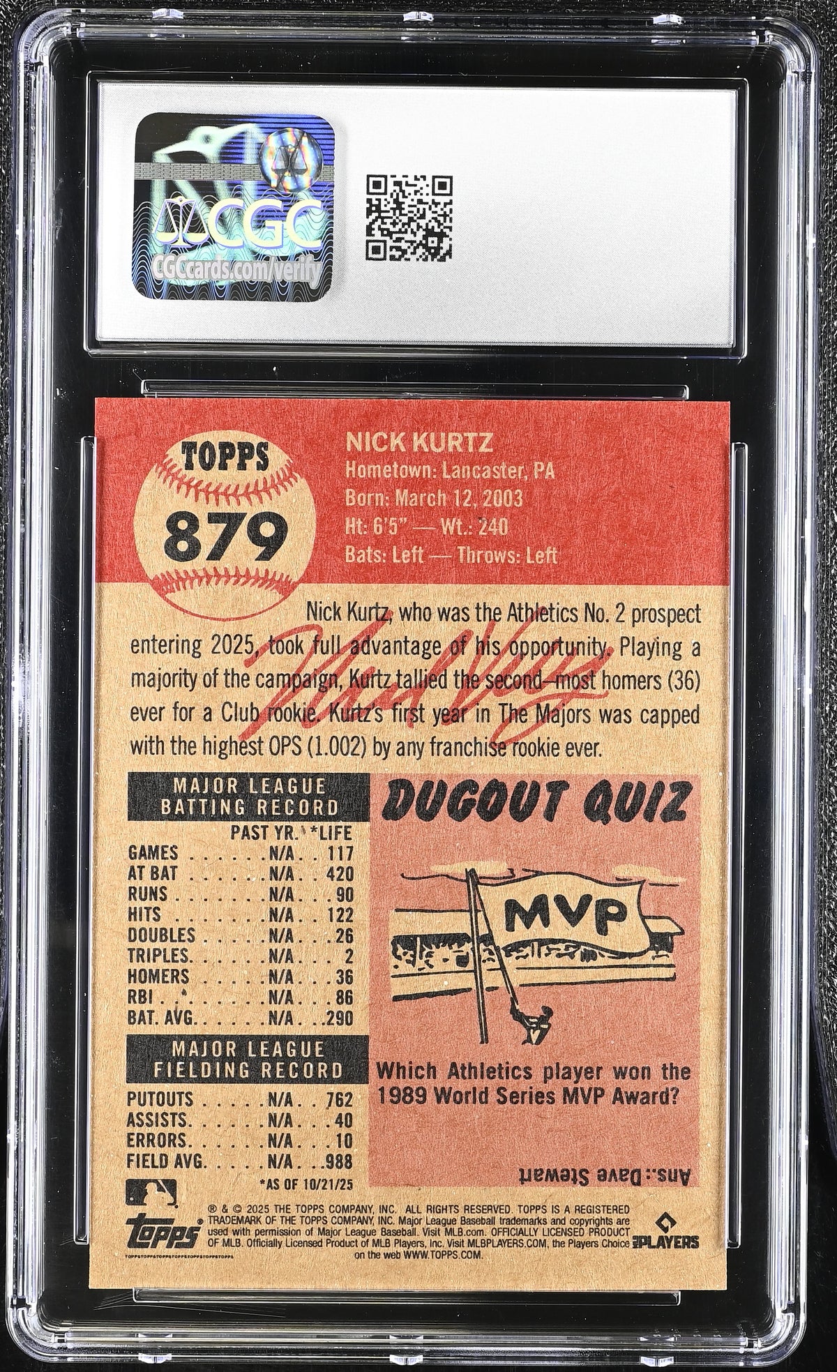 2025 Topps Living Set Nick Kurtz Rookie #879 CGC 10 Oakland Athletics