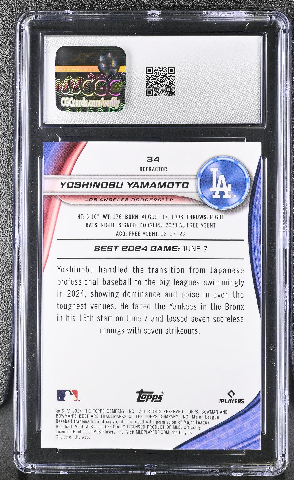 2024 Best Yoshinobu Yamamoto Refractor Rookie #34 CGC 10 Los Angeles Dodgers