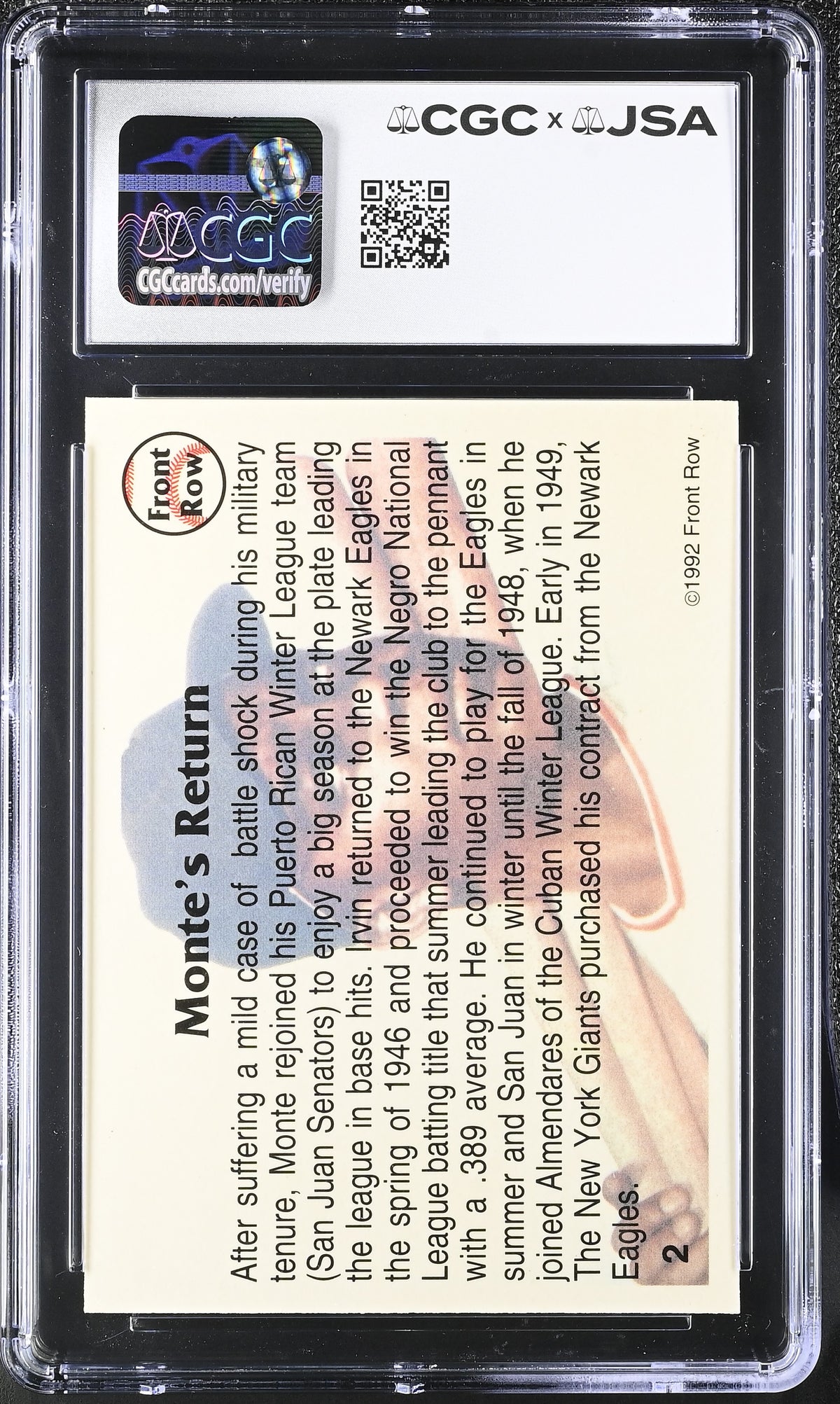 1992 Front Row All-Time Greats Monte Irvin Auto Autograph 2 CGC Authentic Giants