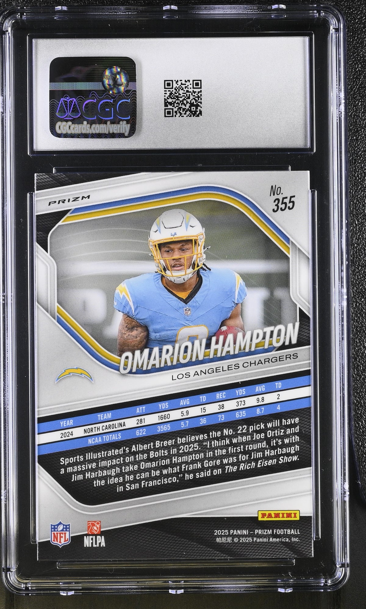 2025 Panini Prizm Omarion Hampton Lazer Rookie #355 CGC 9.5 Los Angeles Chargers
