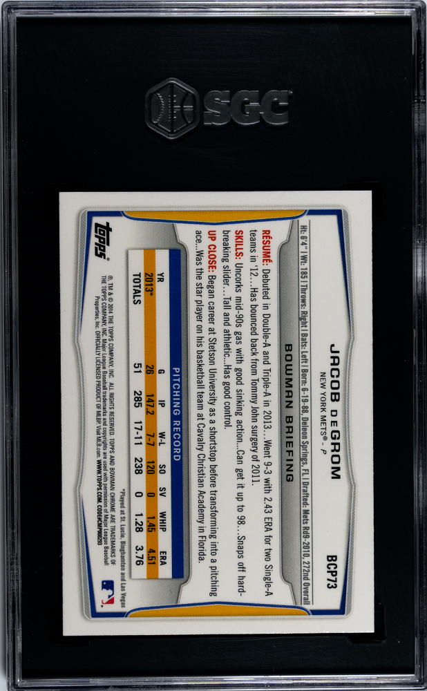 2014 Bowman Jacob Degrom Chrome Pros. Rookie #BCP73 SGC 9 New York Mets