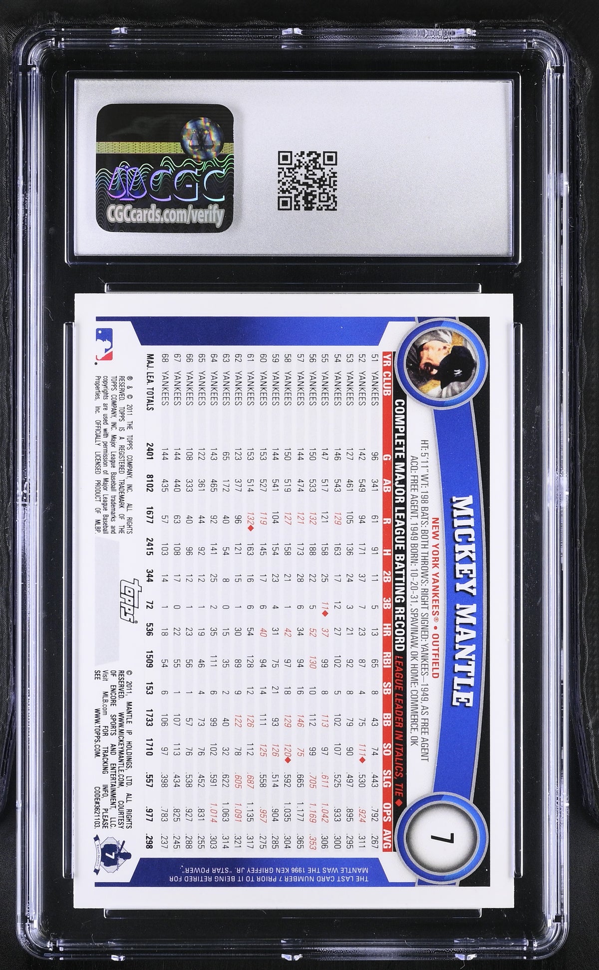 2011 Topps Mickey Mantle #7 CGC 10 New York Yankees