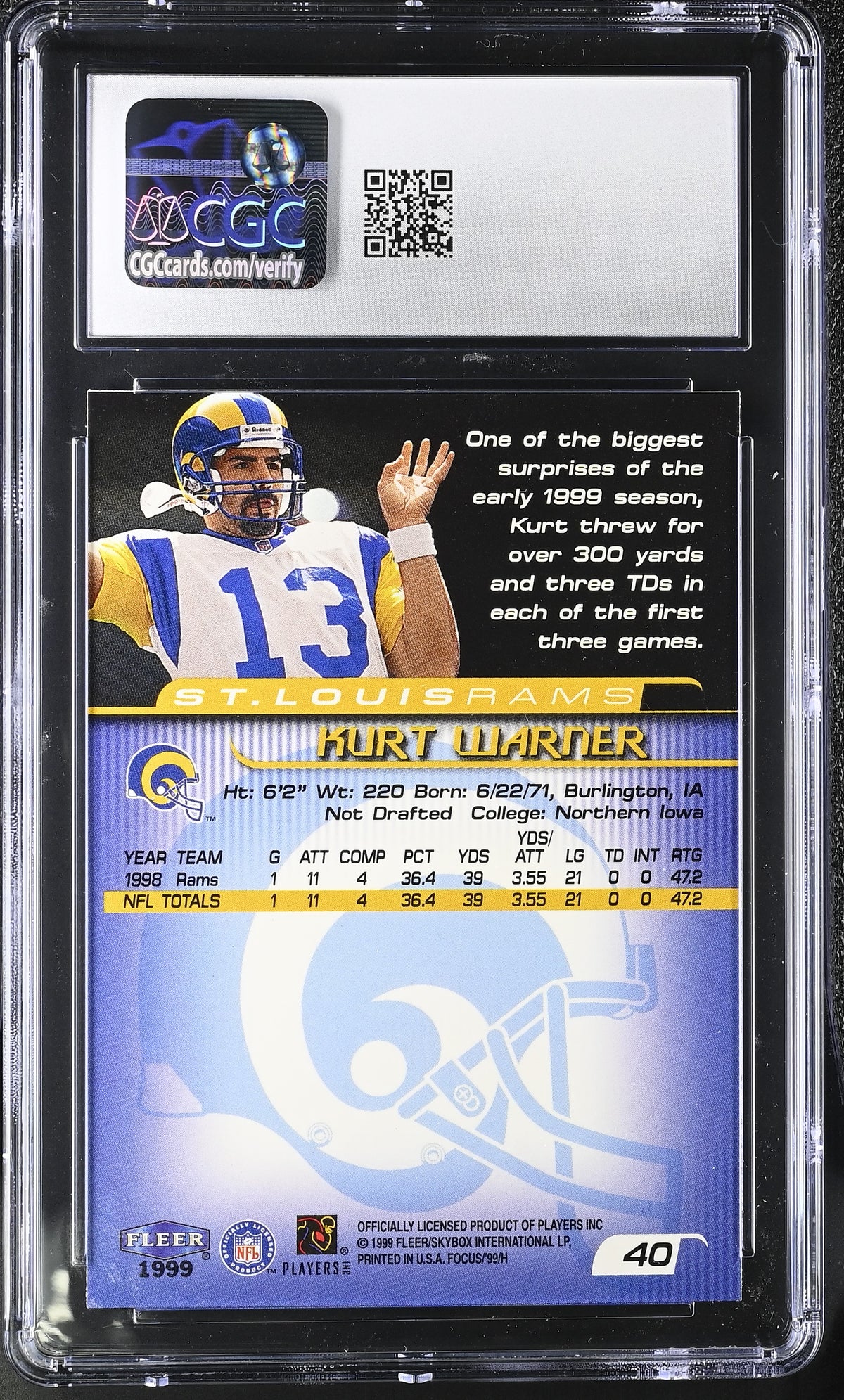 1999 Fleer Focus Kurt Warner #40 CGC 9.5 St. Louis Rams