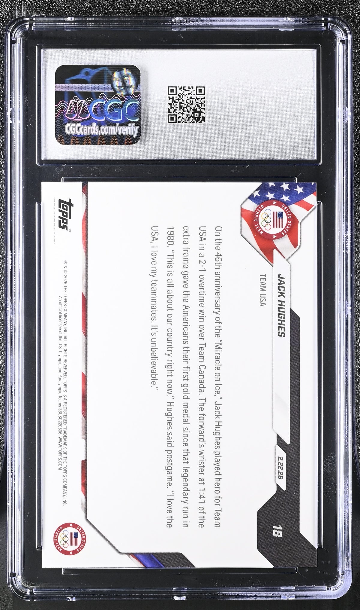 2026 Topps Now Olympics Jack Hughes #18 CGC 9 USA
