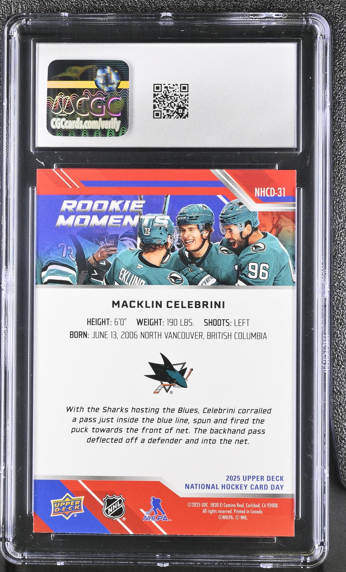 2025 UD Nat'l Hockey Card Day Macklin Celebrini #NHCD-31 CGC 10 San Jose Sharks