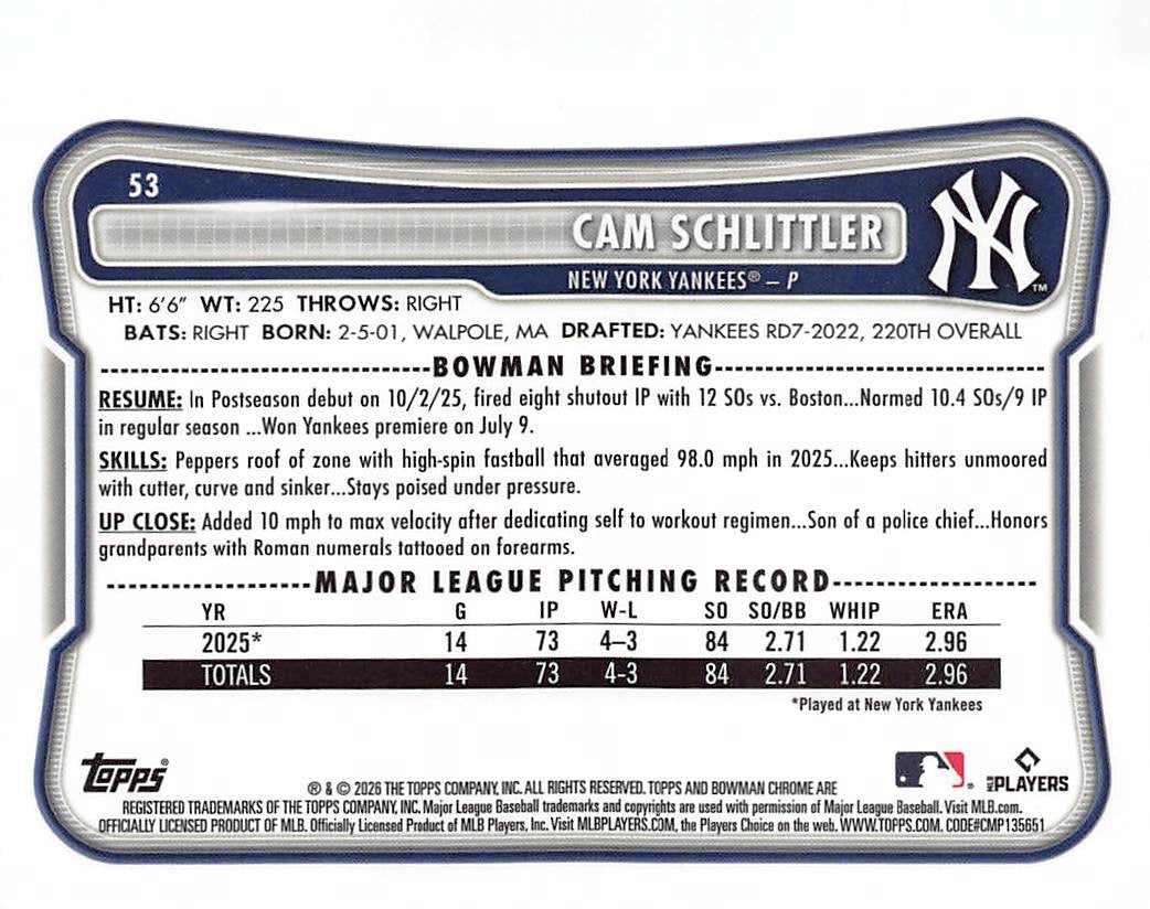 2026 Bowman Chrome Cam Schlittler Mojo Refractor Rookie RC #53 New York Yankees