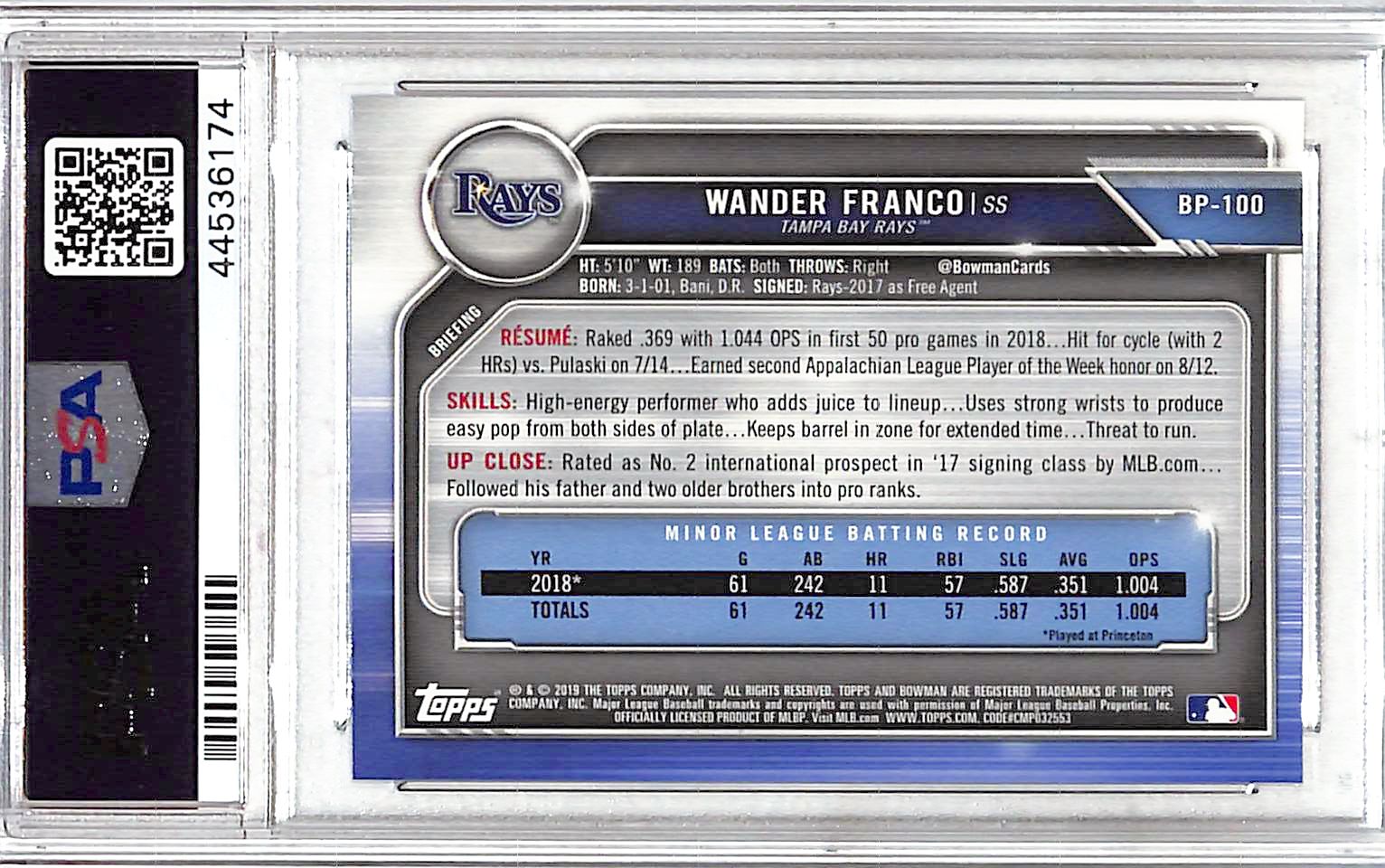 2019 Bowman Paper Prospects Wander Franco #BP100 PSA 10
