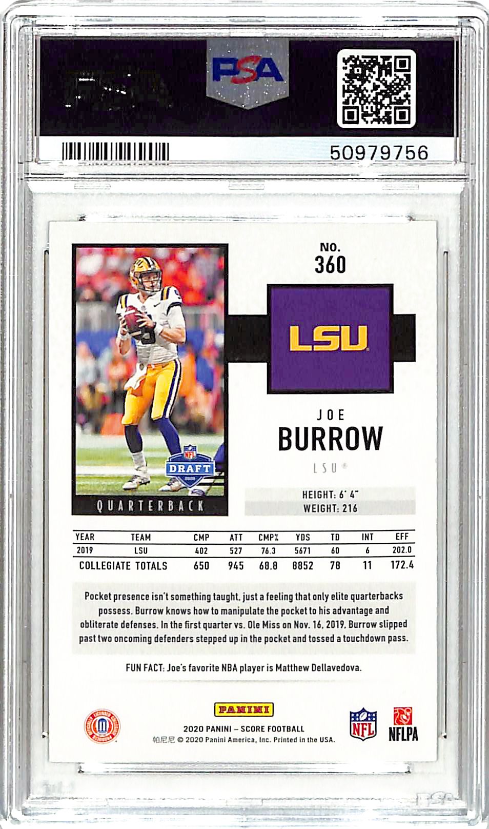 2020 Panini Score Joe Burrow Gold Zone /50 Rookie #360 PSA 9 LSU Tigers