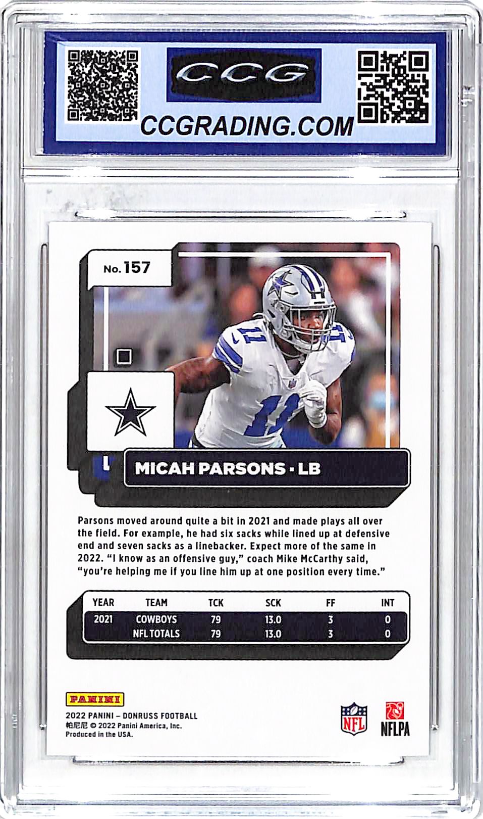 2022 Panini Donruss Micah Parsons #157 CCG Grading 10 Dallas Cowboys
