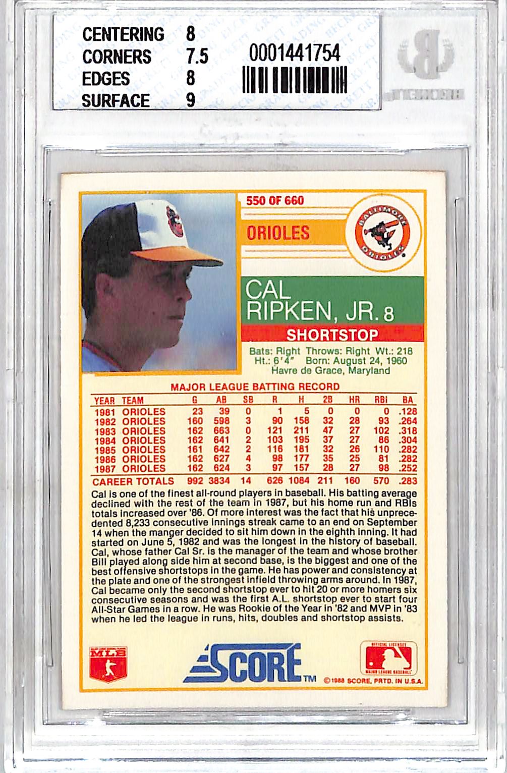 1988 Score Cal Ripken, Jr. #550 BGS 8 Baltimore Orioles