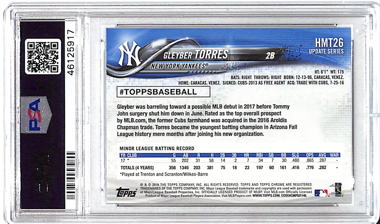2018 Topps Chrome Update Gleyber Torres #HMT26 PSA 10