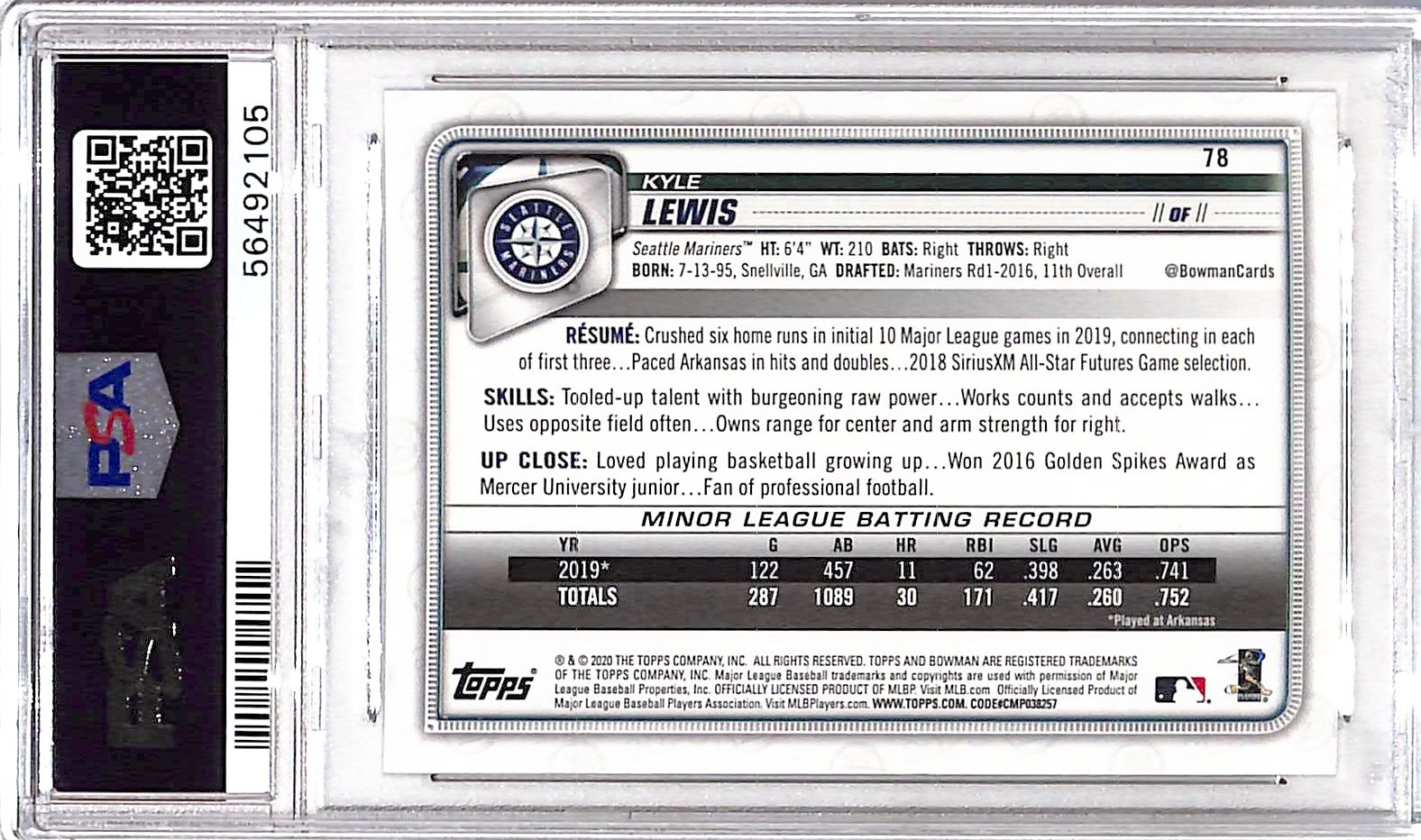 2020 Bowman Kyle Lewis #78 PSA 10