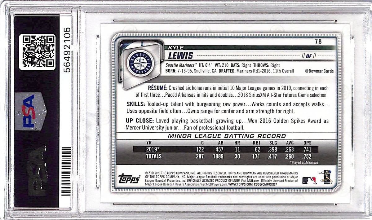 2020 Bowman Kyle Lewis #78 PSA 10