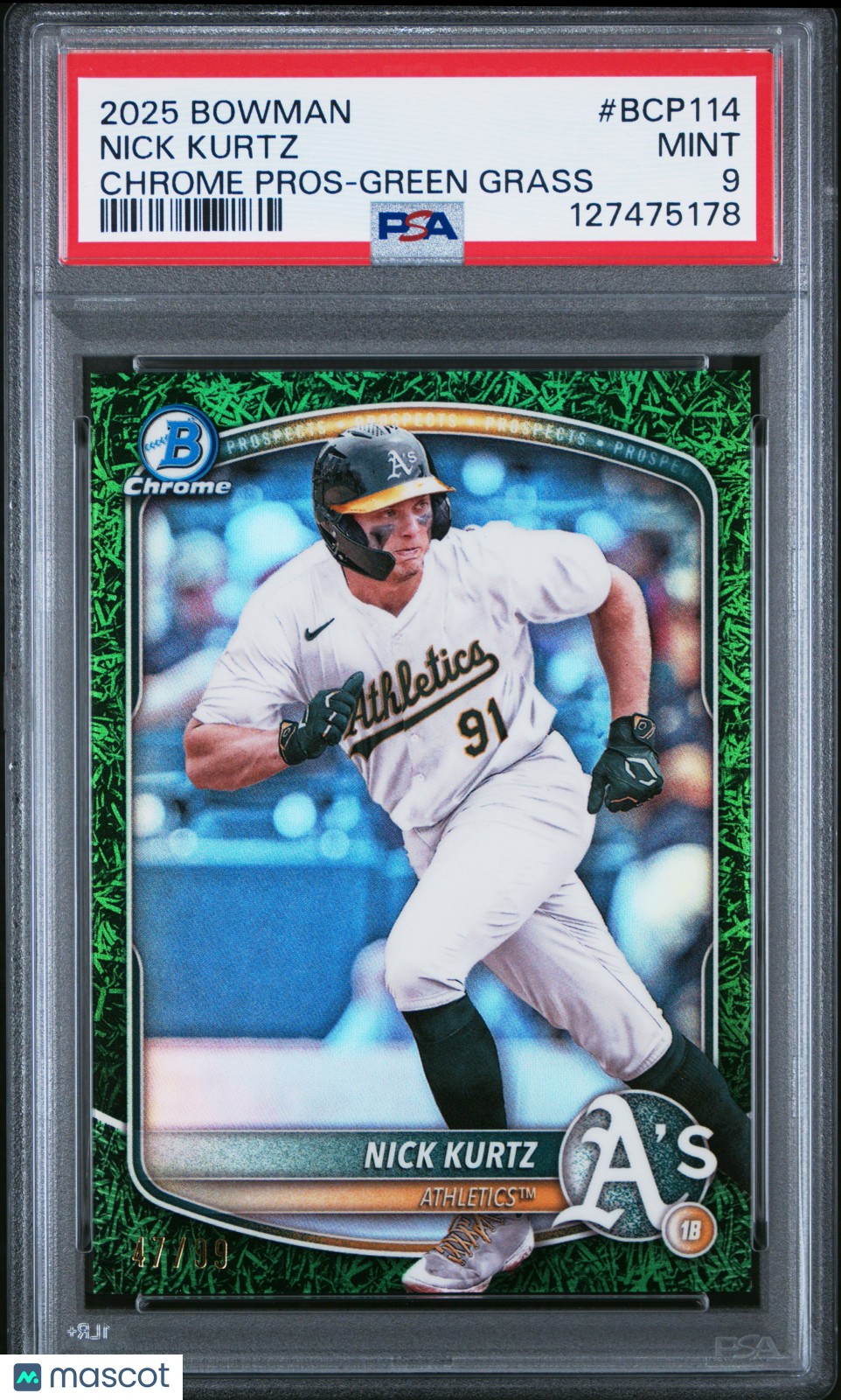2025 Bowman Chrome Prospects Nick Kurtz Green Grass /99 Rookie PSA 9 Athletics
