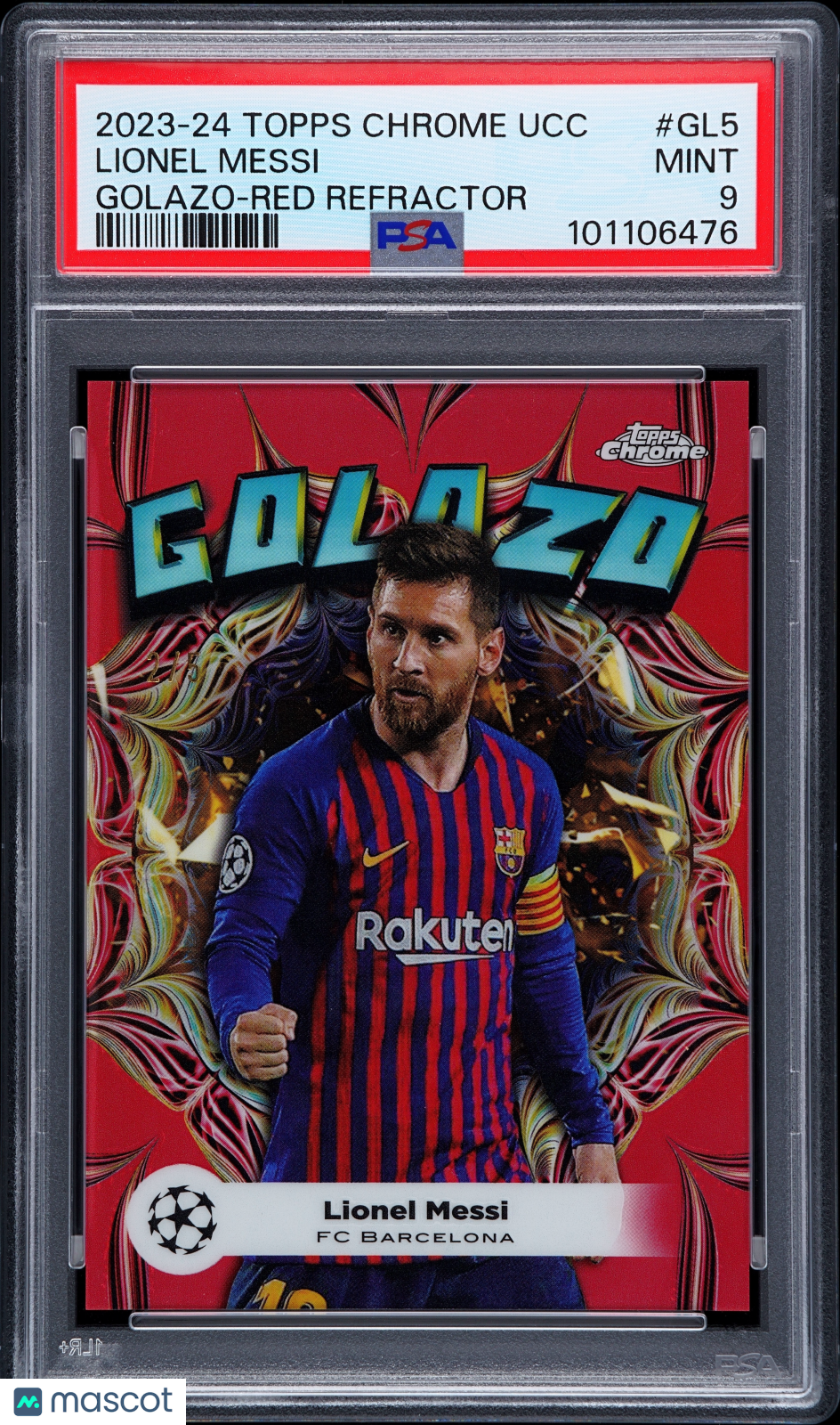 2023-24 Topps Chrome UEFA Golazo Lionel Messi Red /5 #GL5 PSA 9 Barcelona