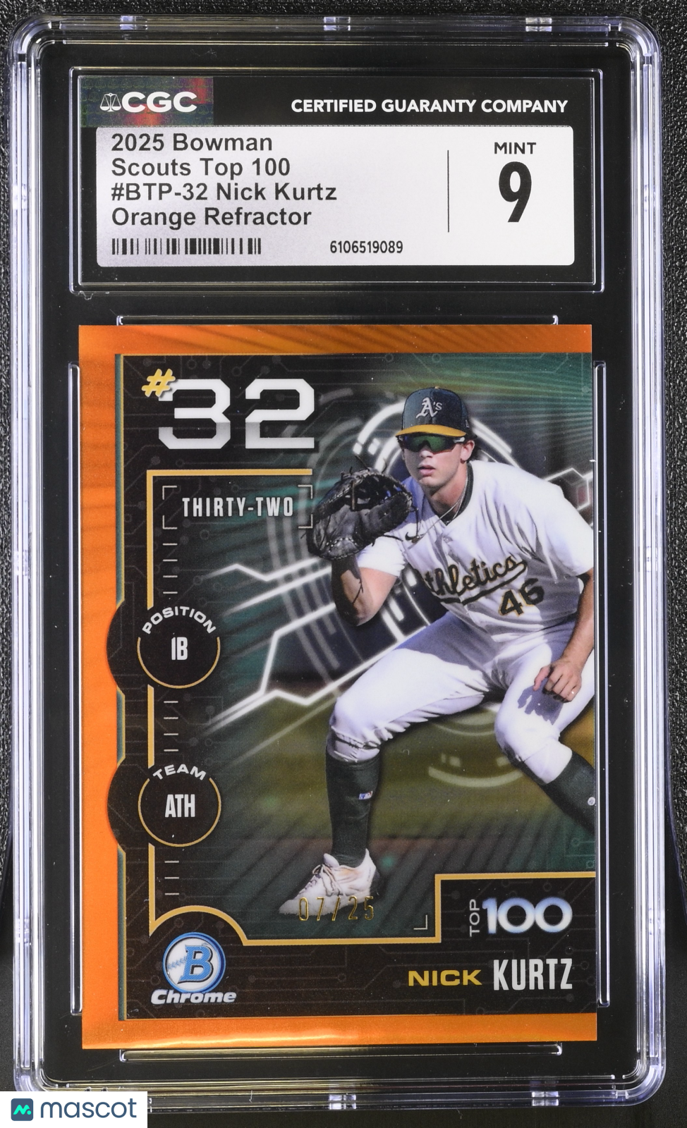 2025 Bowman Nick Kurtz Orange Refractor /25 Rookie Scouts Top 100 #BTP-32 CGC 9