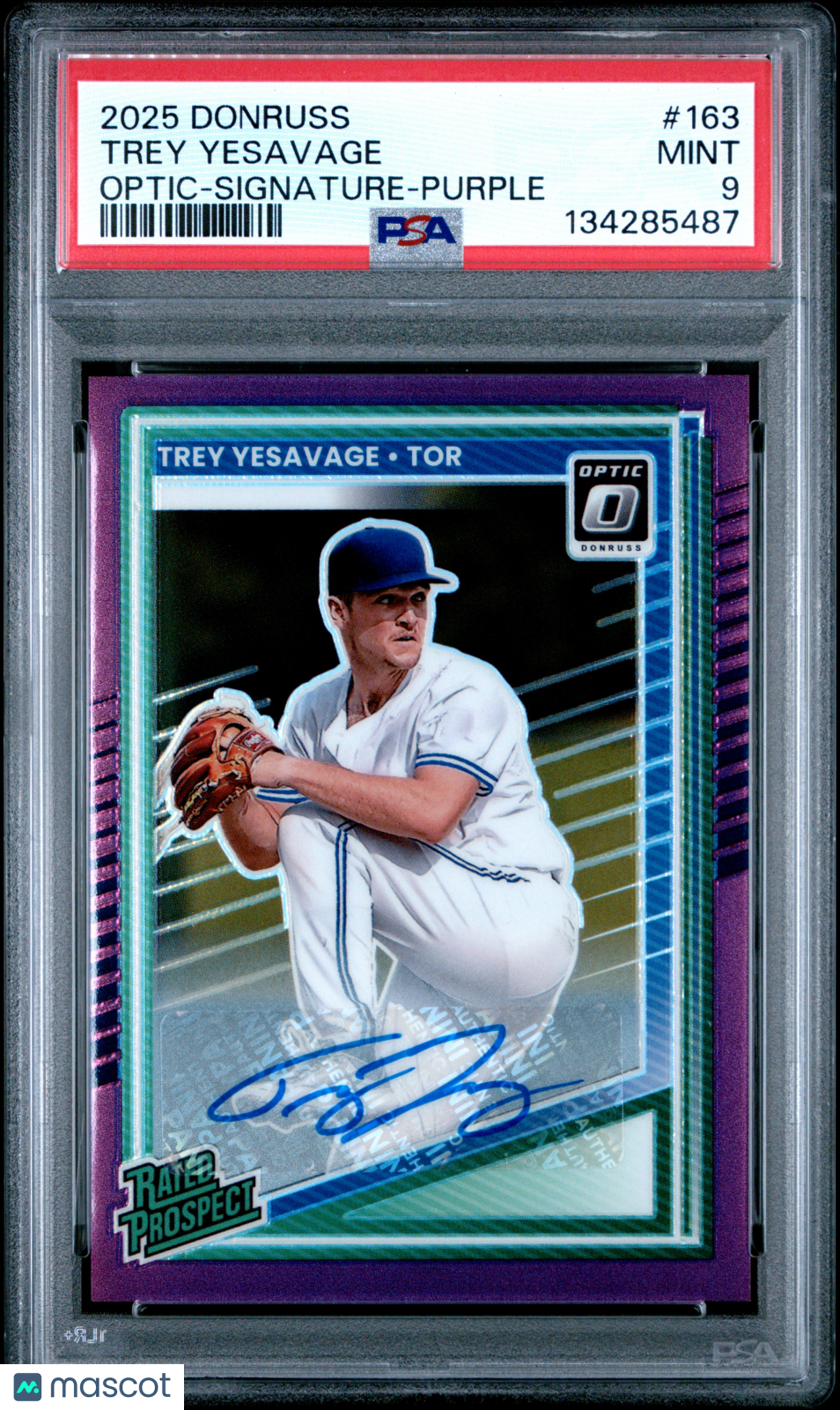 2025 Panini Donruss Trey Yesavage Optic Auto Purple /49 Rookie PSA 9 Blue Jays