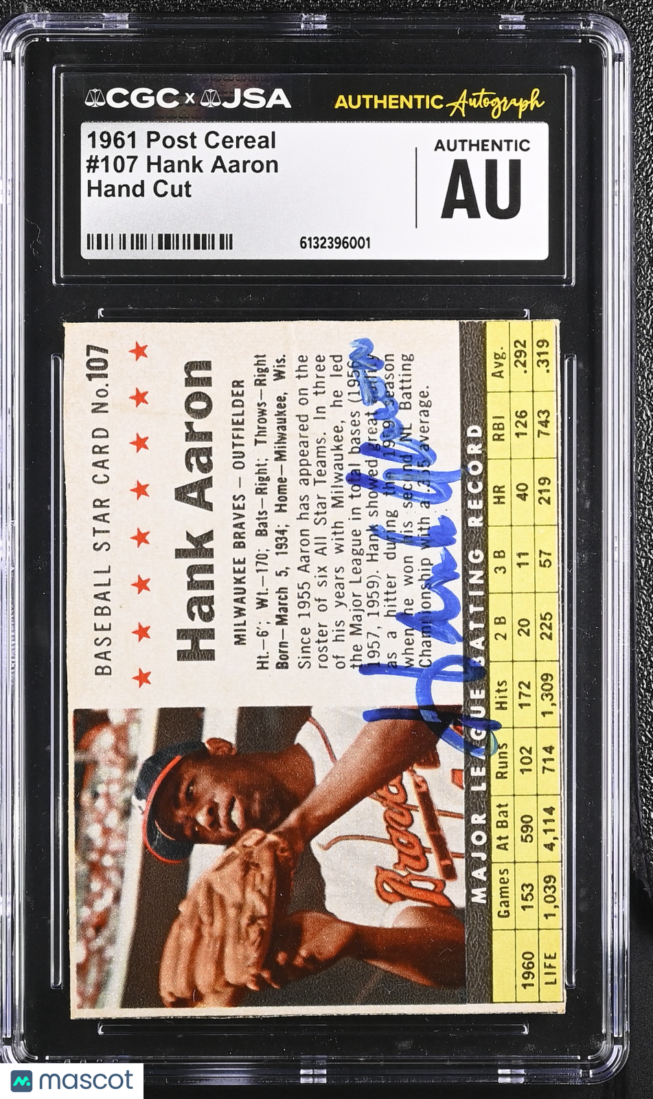1961 Post Cereal Hank Aaron Auto Autograph Hand Cut 107 CGC Authentic JSA Braves