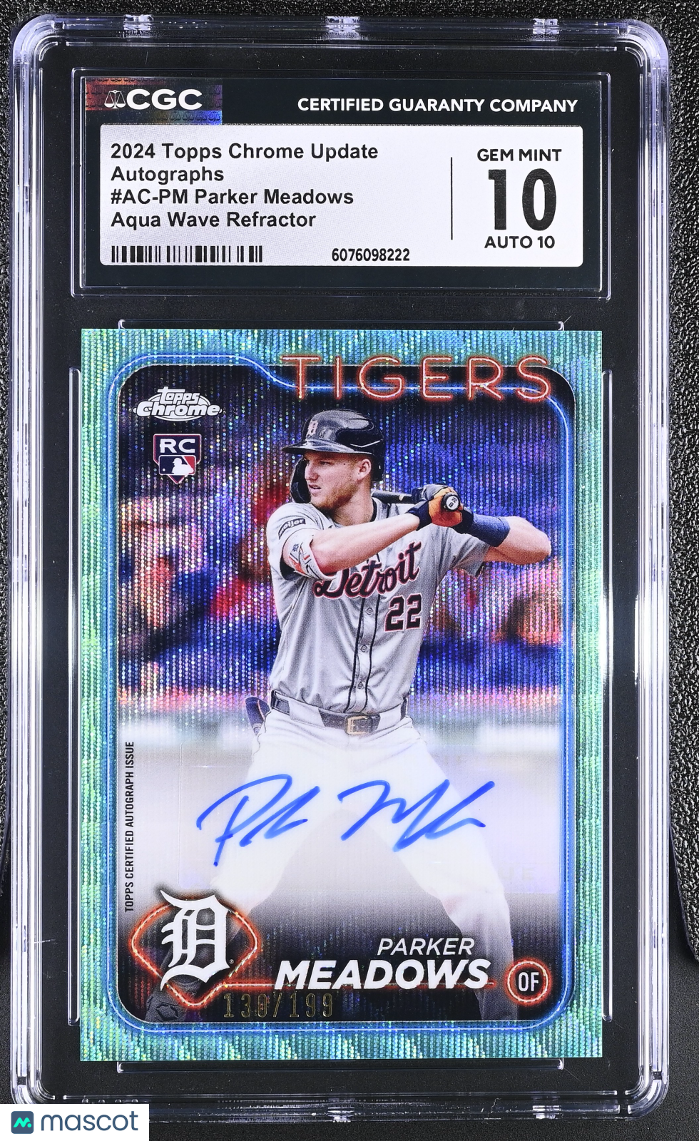 2024 Topps Chrome Update Parker Meadows Aqua Wave /199 Rookie Auto #AC-PM CGC 10