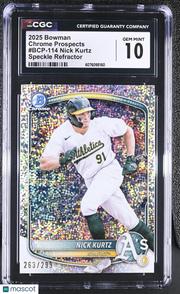 2025 Bowman Nick Kurtz Speckle Refractor /299 Rookie Chrome #BCP-114 CGC 10
