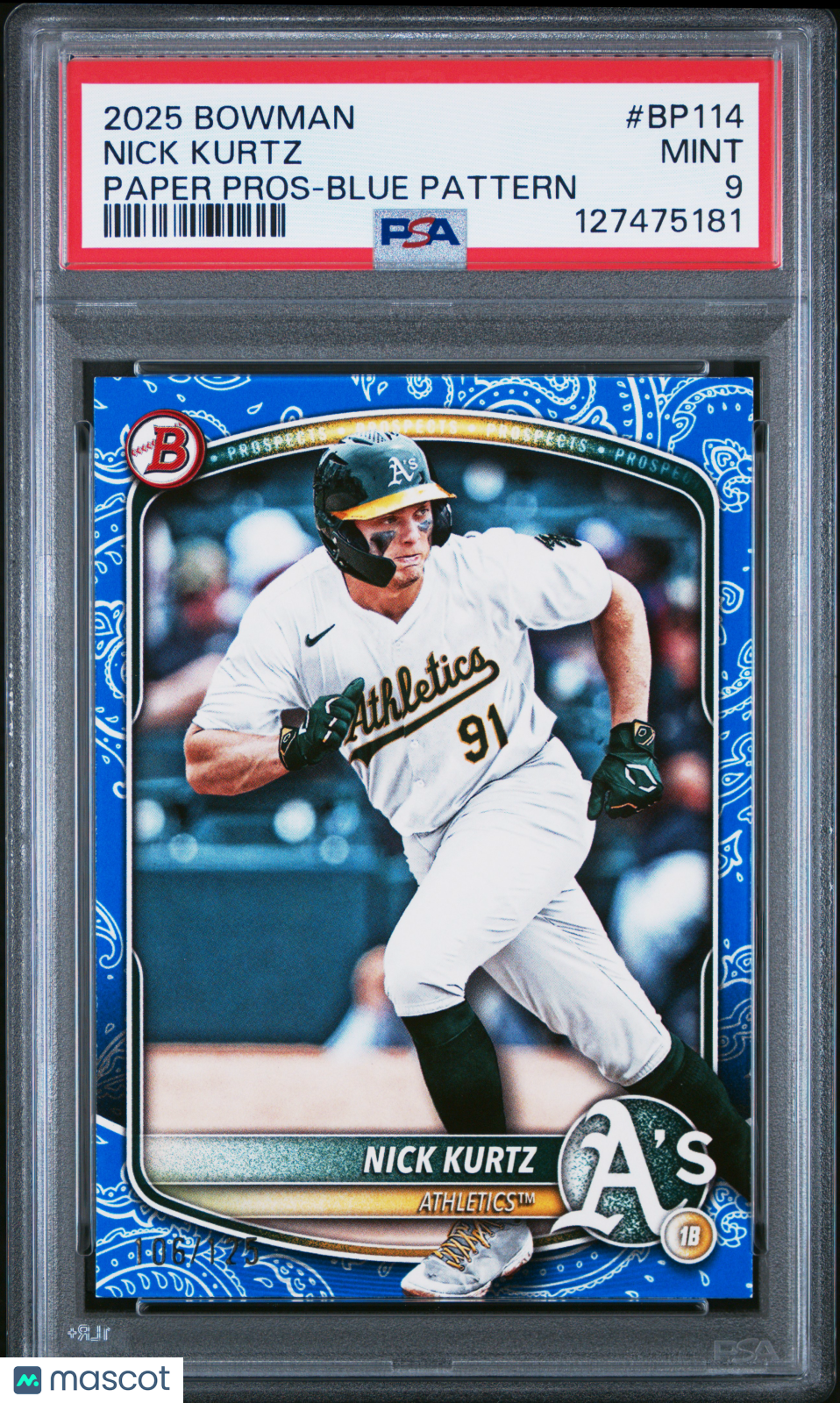 2025 Bowman Prospects Nick Kurtz Blue Pattern /125 Rookie #BP114 PSA 9 Athletics