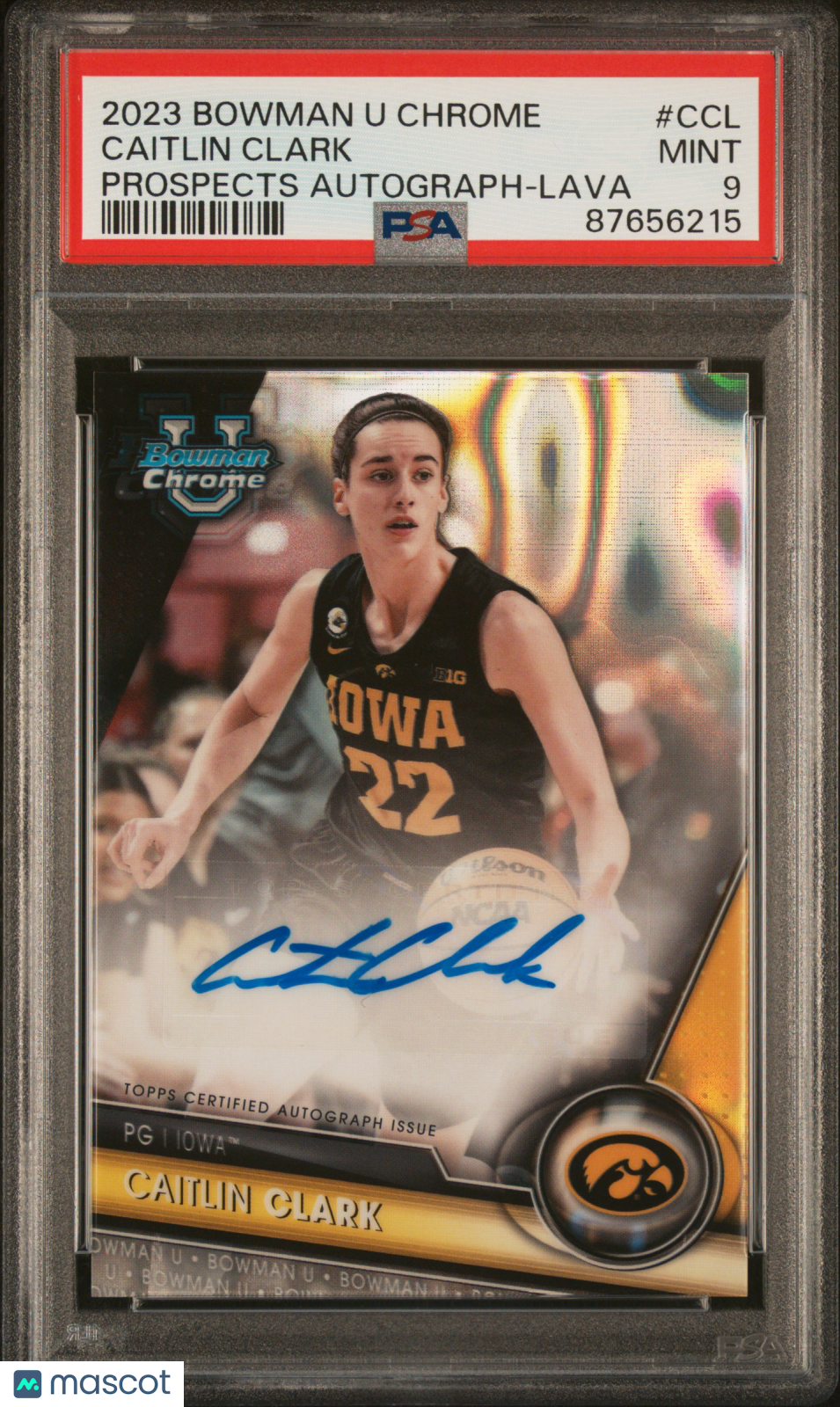 2023 Bowman University Chrome Bowman Auto Caitlin Clark Lava /199 Rookie PSA 9