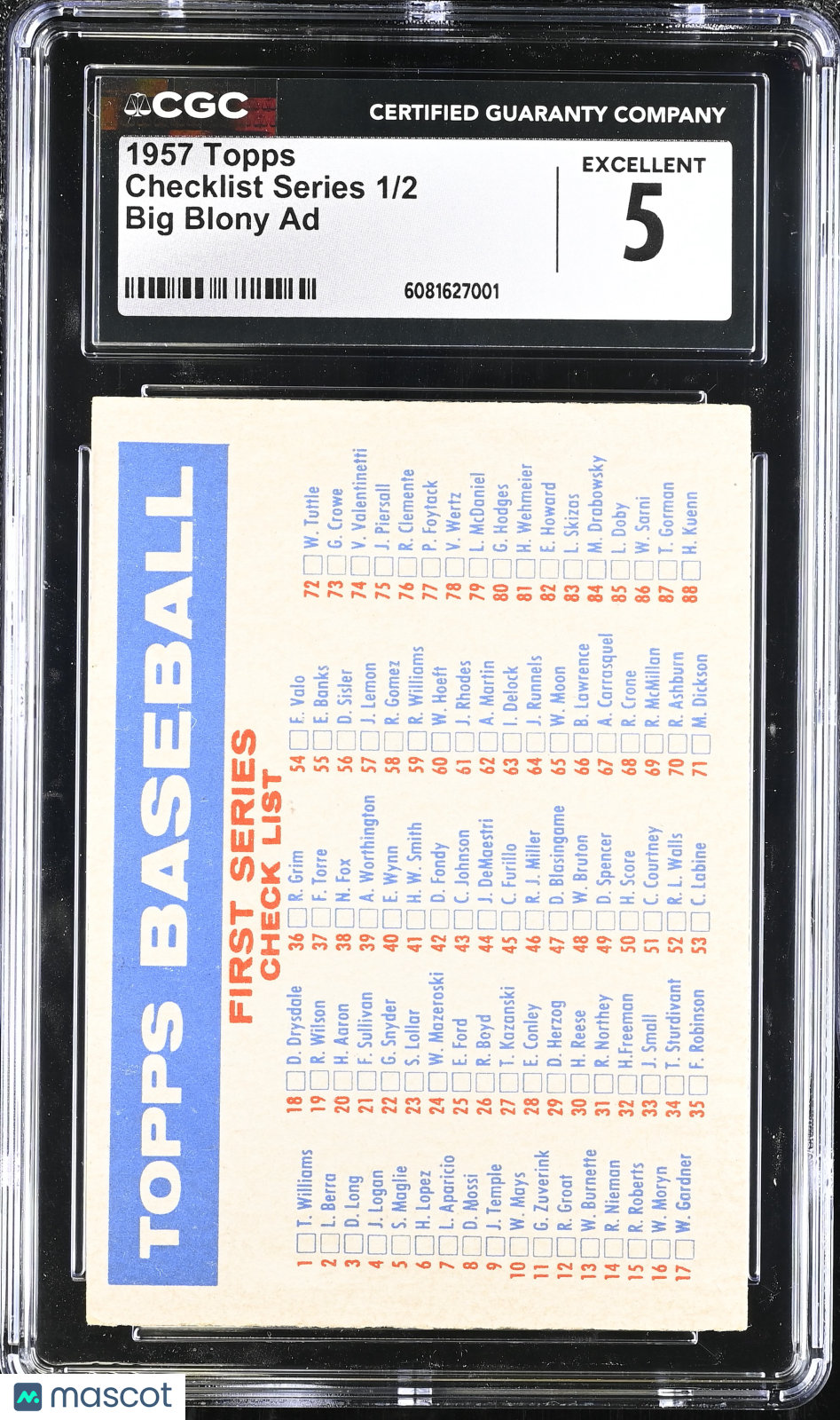 1957 Topps Checklist Series 1/2 Big Blony Ad CGC 5