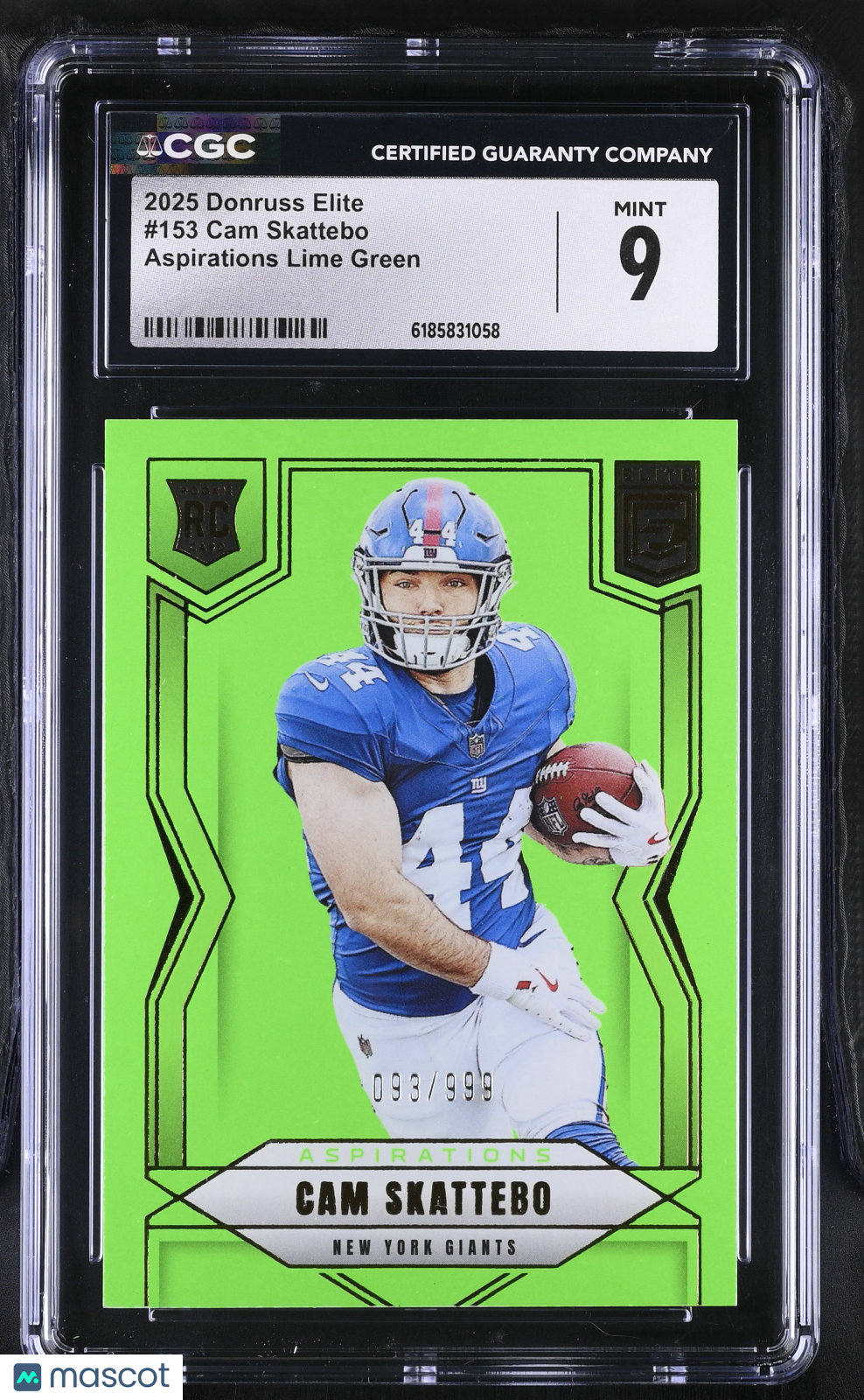 2025 Donruss Elite Cam Skattebo Aspirations Lime Green /999 Rookie #153 CGC 9