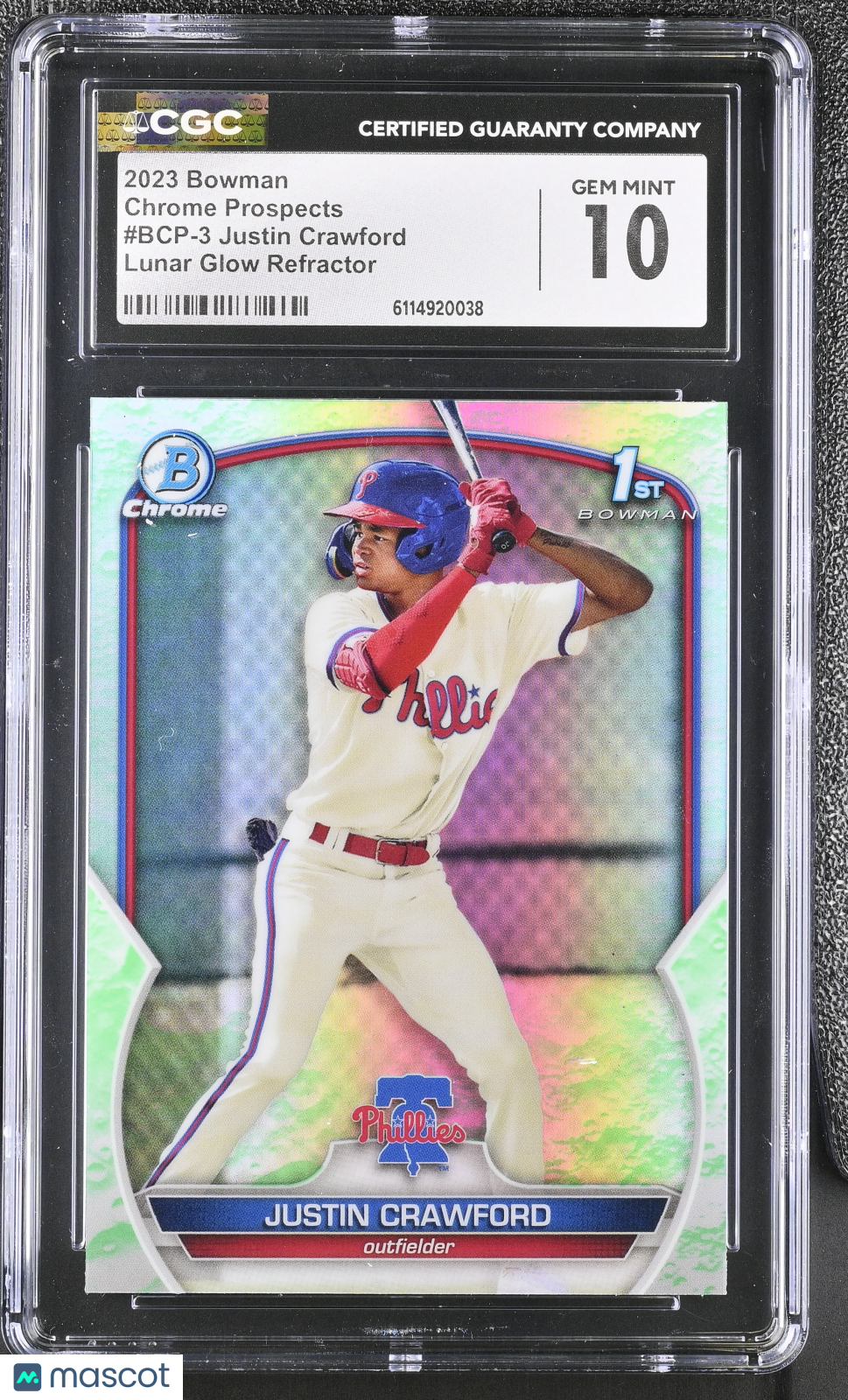 2023 Bowman Justin Crawford Lunar Glow Rookie Chrome #BCP-3 CGC 10 Phillies