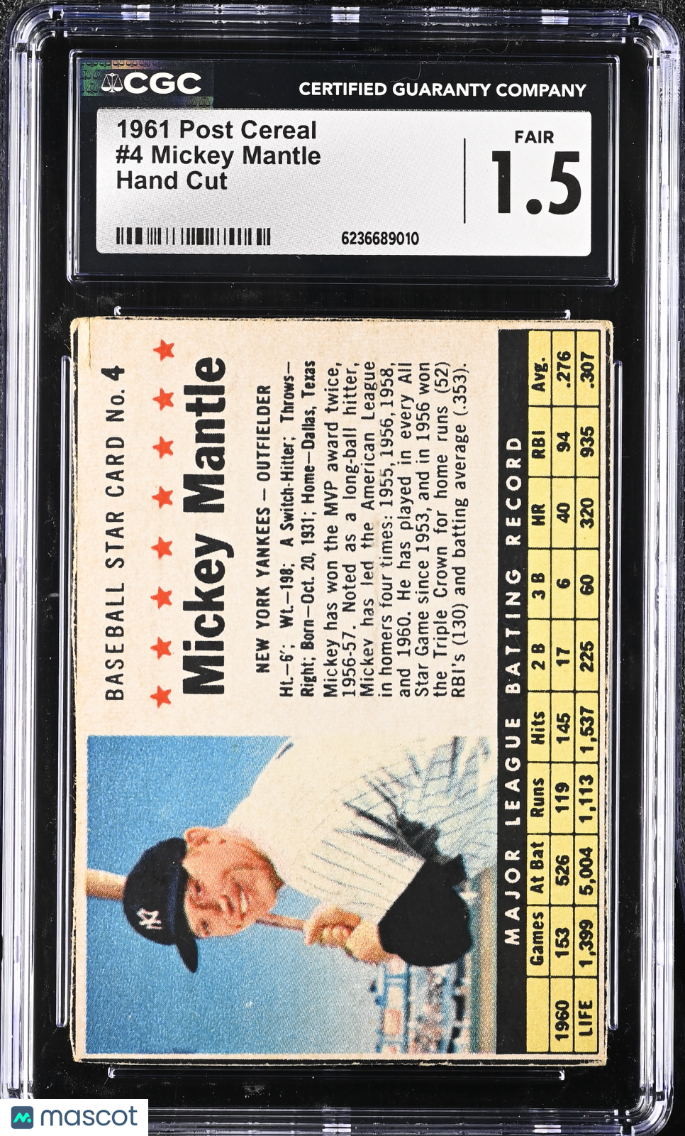 1961 Post Cereal Mickey Mantle Hand Cut #4 CGC 1.5 New York Yankees