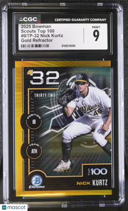 2025 Bowman Nick Kurtz Gold Refractor /50 Rookie Scouts Top 100 #BTP-32 CGC 9