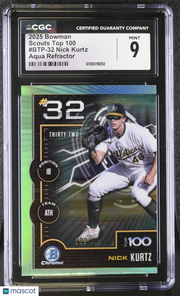 2025 Bowman Nick Kurtz Aqua Refractor /125 Rookie Scouts Top 100 #BTP-32 CGC 9