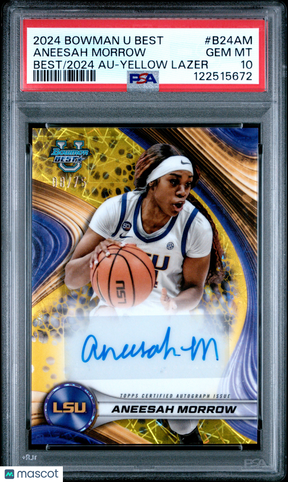 2024 Bowman University Best Auto Aneesah Morrow Yellow Lazer /75 Rookie PSA 10
